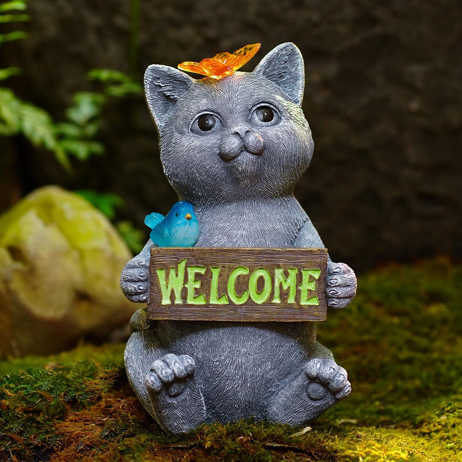 Solar Garden Cat Ornaments Sitting Cat with Welcome Sign - Outdoor Decoration for Patio, Balcony, Yard, Lawn - Unique Housewarming Gift for Grandma and Grandpa Garden Mom Grey