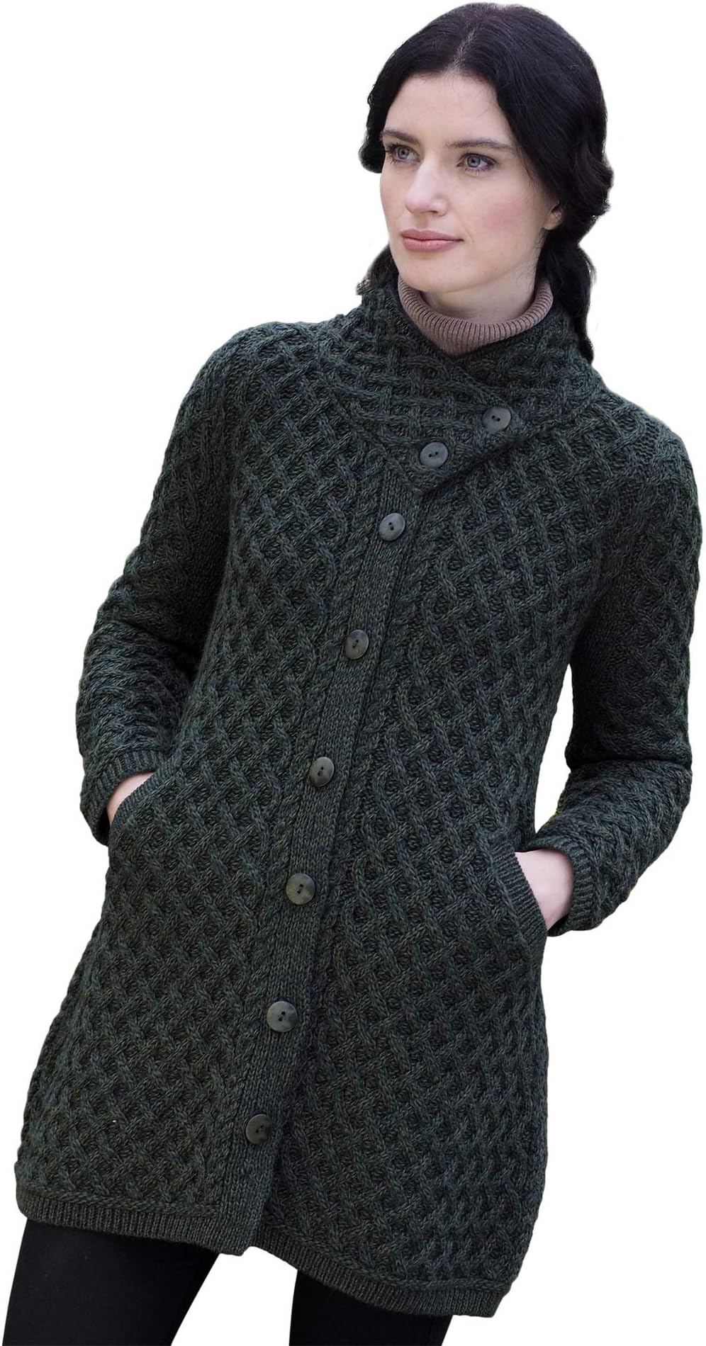 Ladies Merino Wool Crossover Neck Irish Knit Coat (X-Large) Green