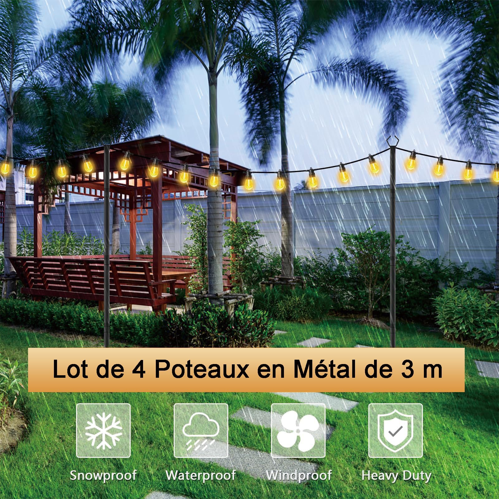 2 barras de luces con gancho de pastor, 3 m, postes de metal con tenedor para cadena de luces exteriores, terraza, patio, jardín, boda, fiesta (2 unidades)