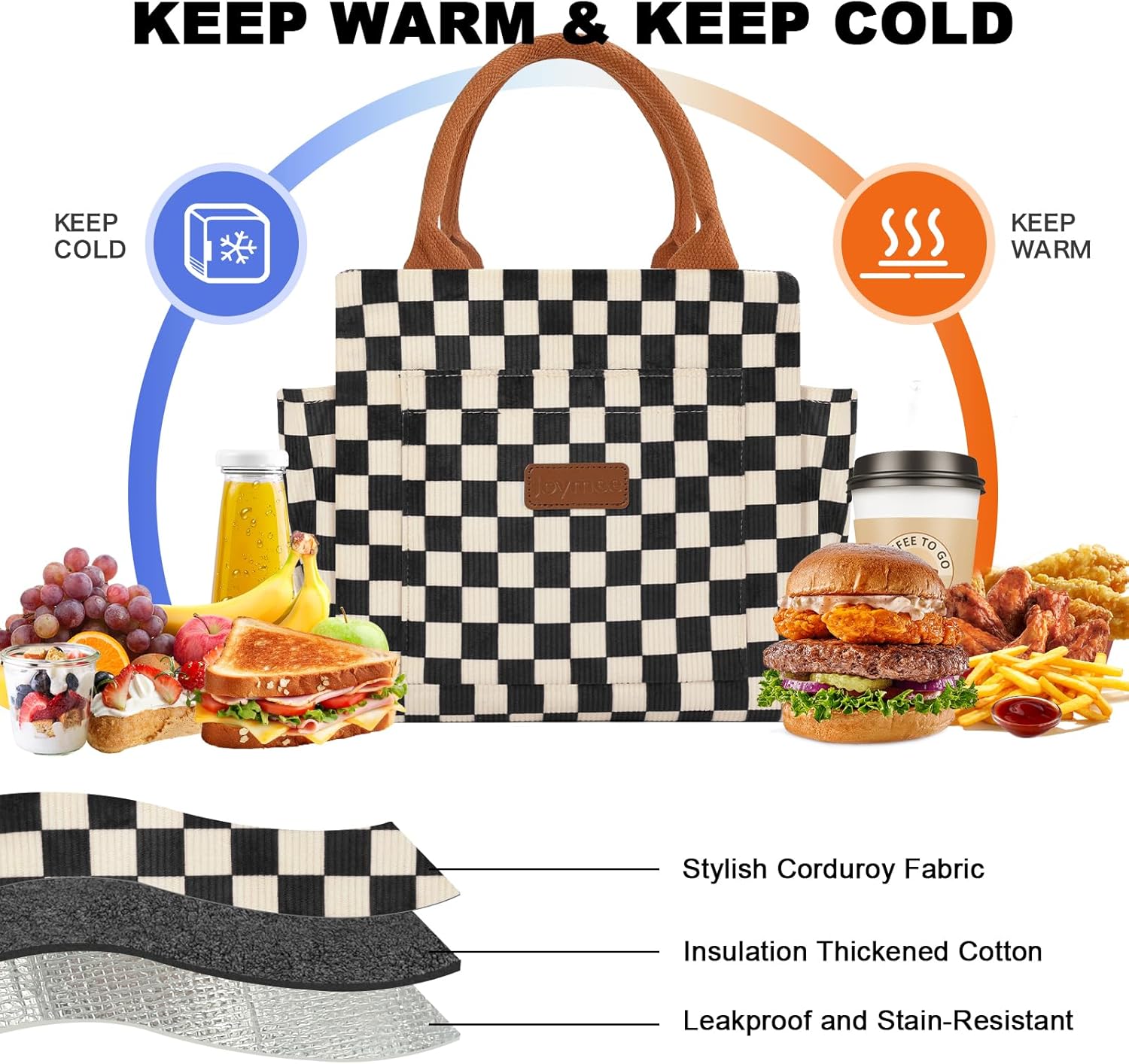 Joymee Lunch Bag Women Insulated Lunch Box Corduroy Checker Reusable Leakproof Large Capacity Lunch Tote Bag for Women Men Adult with Side Pockets and Bottle Holder for Work - Corduroy Checker Black