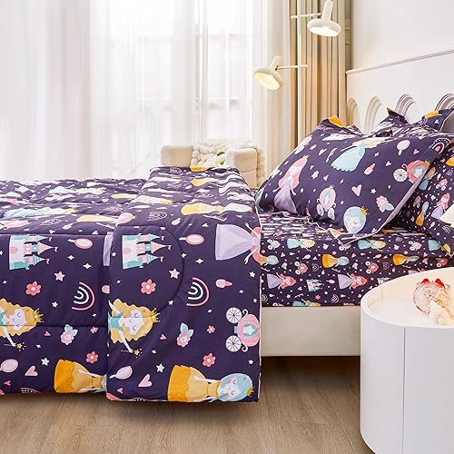 Miniatura 7 de Juego de edredón tamaño individual de Mooreeke para niñas y niños, 6 piezas, cama en una bolsa, juego de edredón, sábanas y fundas con castillo,