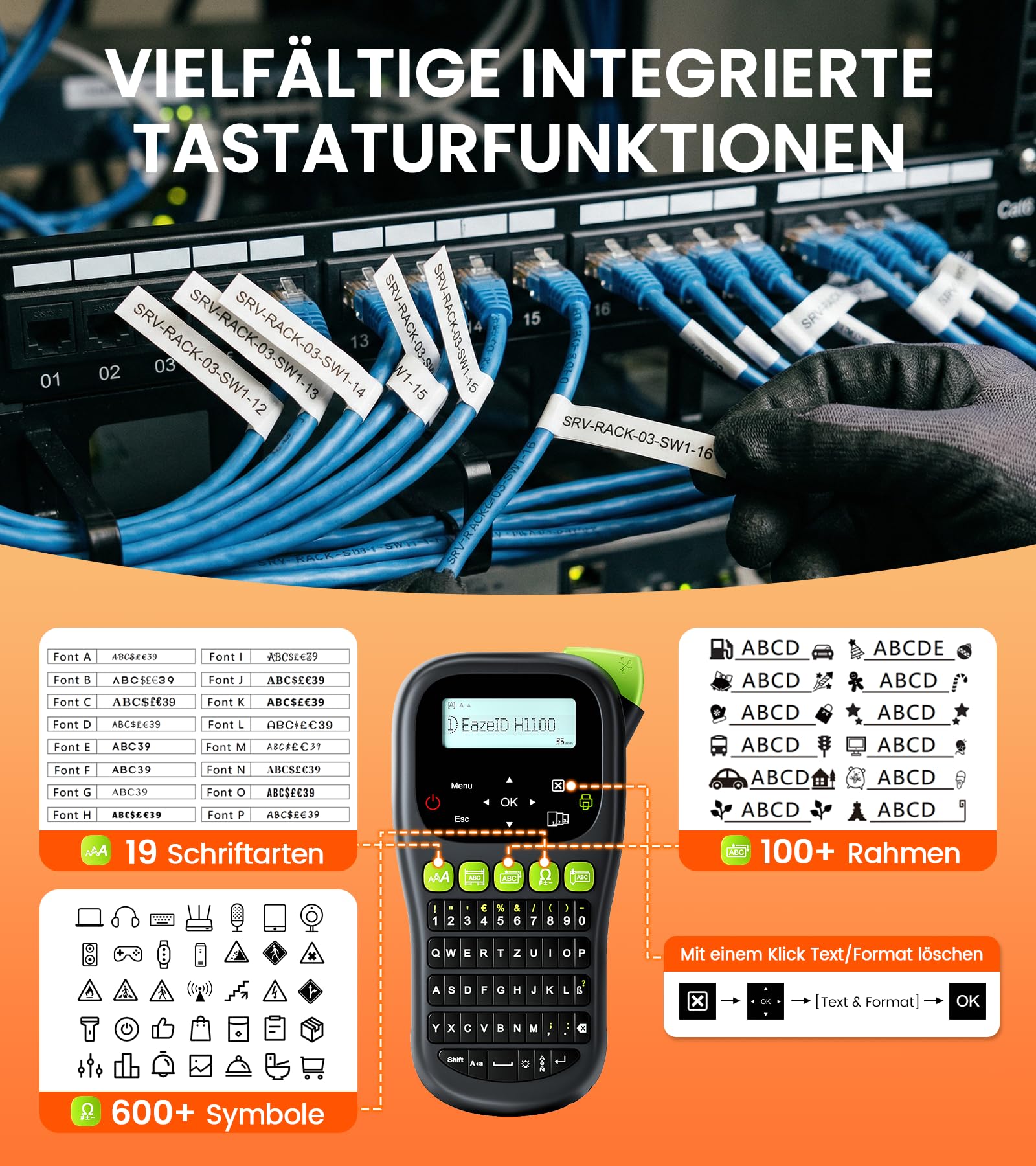 Beschriftungsgerät with 5PK Weiß Etikettenbänder, Handgerät Etikettiergerät mit QWERTZ Tastatur, LCD-Hintergrundbeleuchtung, 3 Kabelmodi, Laminierte Bänder, Tragbares Etikettendrucker für Kabel Büro