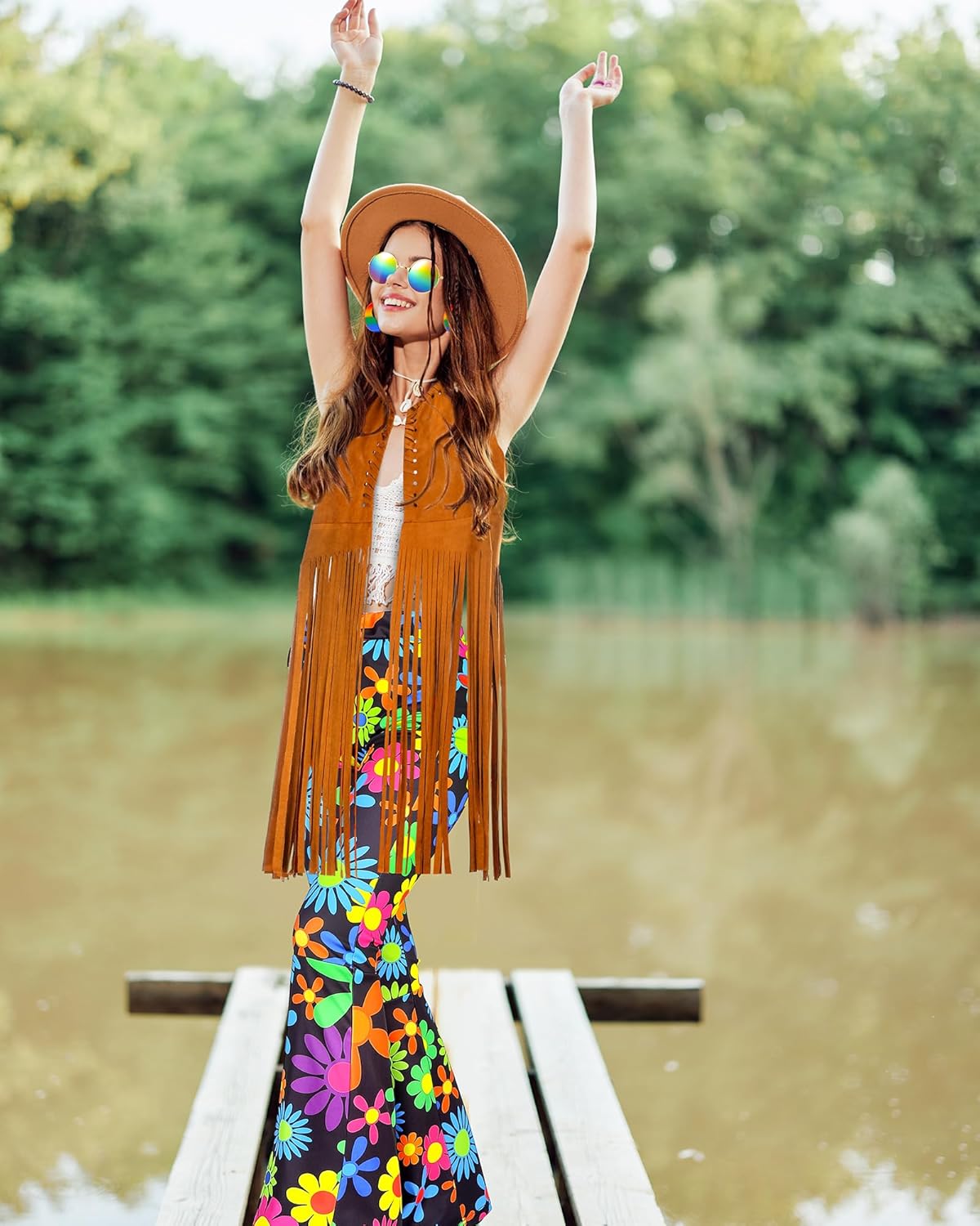 SATINIOR 5 Pcs 60s 70s Outfits for Women Hippie Disco Costume Set Tassel Vest Headband Flared Pants Earring Sunglass - Image 4