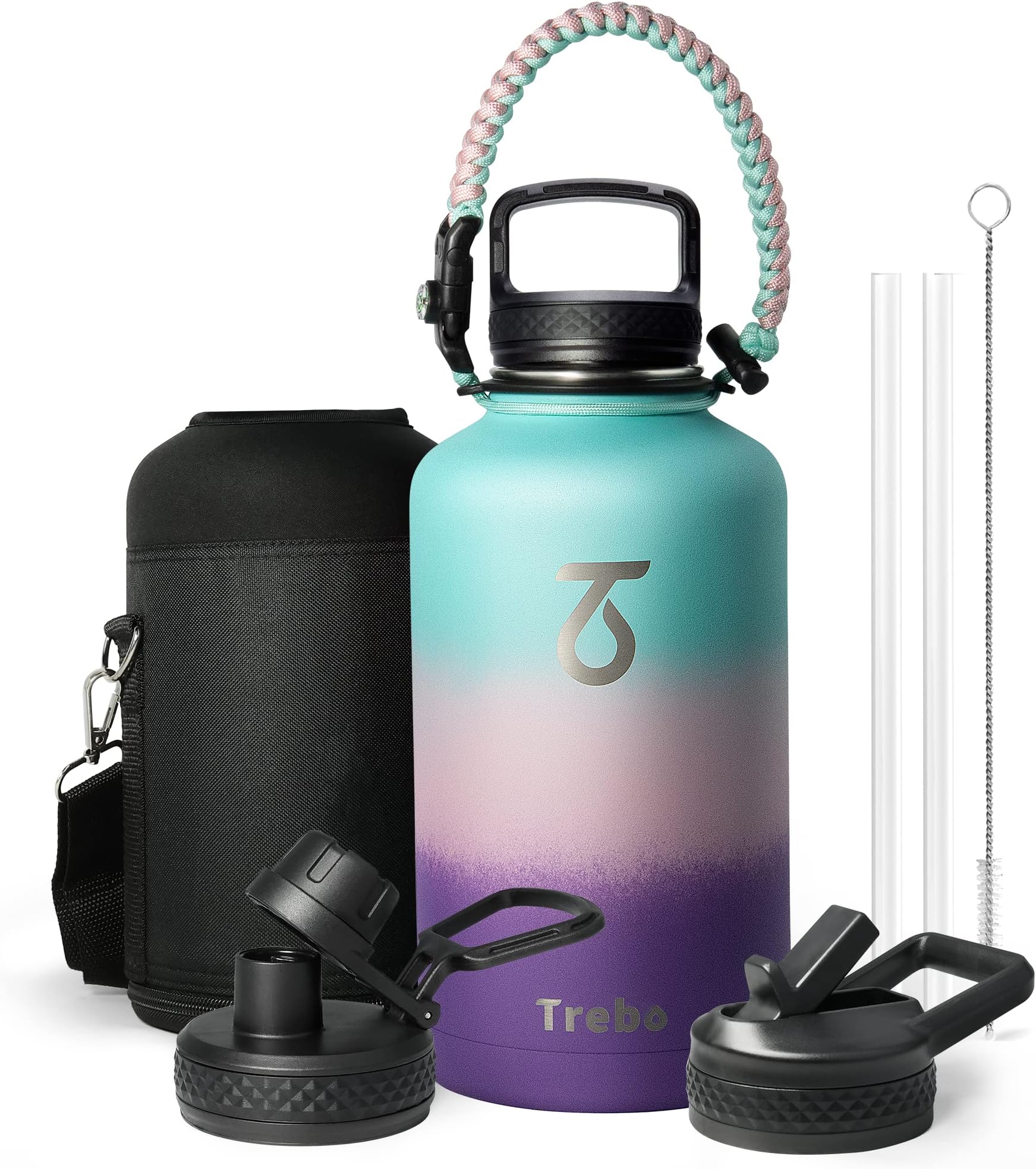Trebo Stainless Steel Water Bottle 2 L, Wide Mouth Insulated Water Bottle Double with Paracord Handle Sports Bottle Keep Cold 48 Hours Water Jug with 3 Lids, Hydrangea