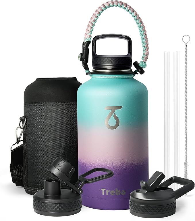 Thermosflasche mit Strohhalm 2L, Trebo Trinkflasche Edelstahl mit Paracord-Griff & 3 Deckeln, Edelstahl Trinkflasche Breites Maul Große Sportflasche Kalt halten 48 Stunden Wasserflasche, Hortensie