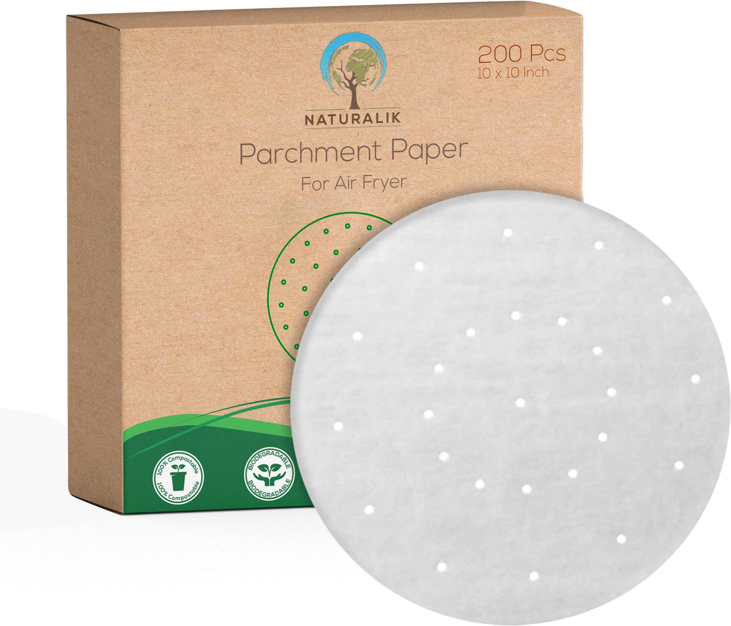 Naturalik 200pcs parchment paper 10 inch | bamboo steamer 10 inch | parchment paper for baking | air fryer parchment paper | perforated parchment paper for air fryer | Non-Stick 10'' round