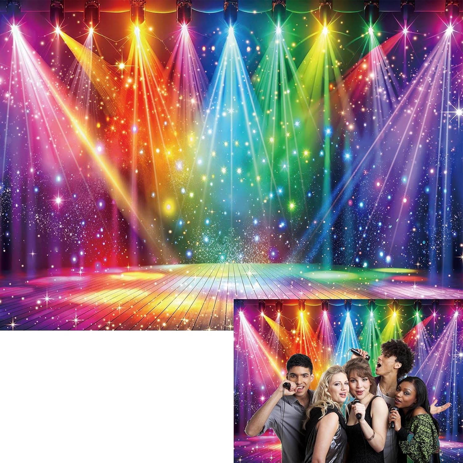 Disco Rainbow Stage Backdrop 70s 80s 90s Hippie Music Vintage Lights Photography Background Rock Music Colorful Neon Glow Party Decorations Photo Banner (8x6FT)