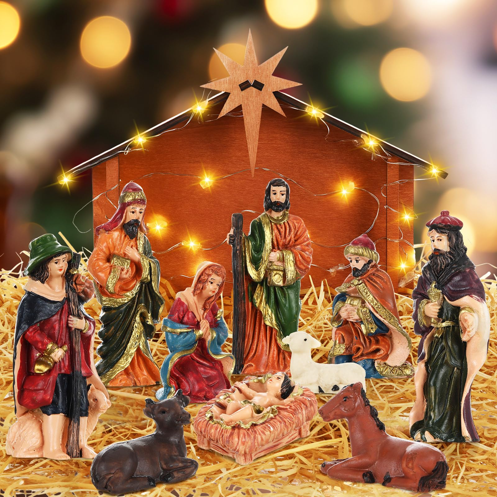Geelin Set di 13 statuette di Gesù per presepe di Natale, con casa in legno di rafia, luce a LED, resina, artigianato di Gesù della Sacra Famiglia, Scena della mangiatoia, per casa, scrivania