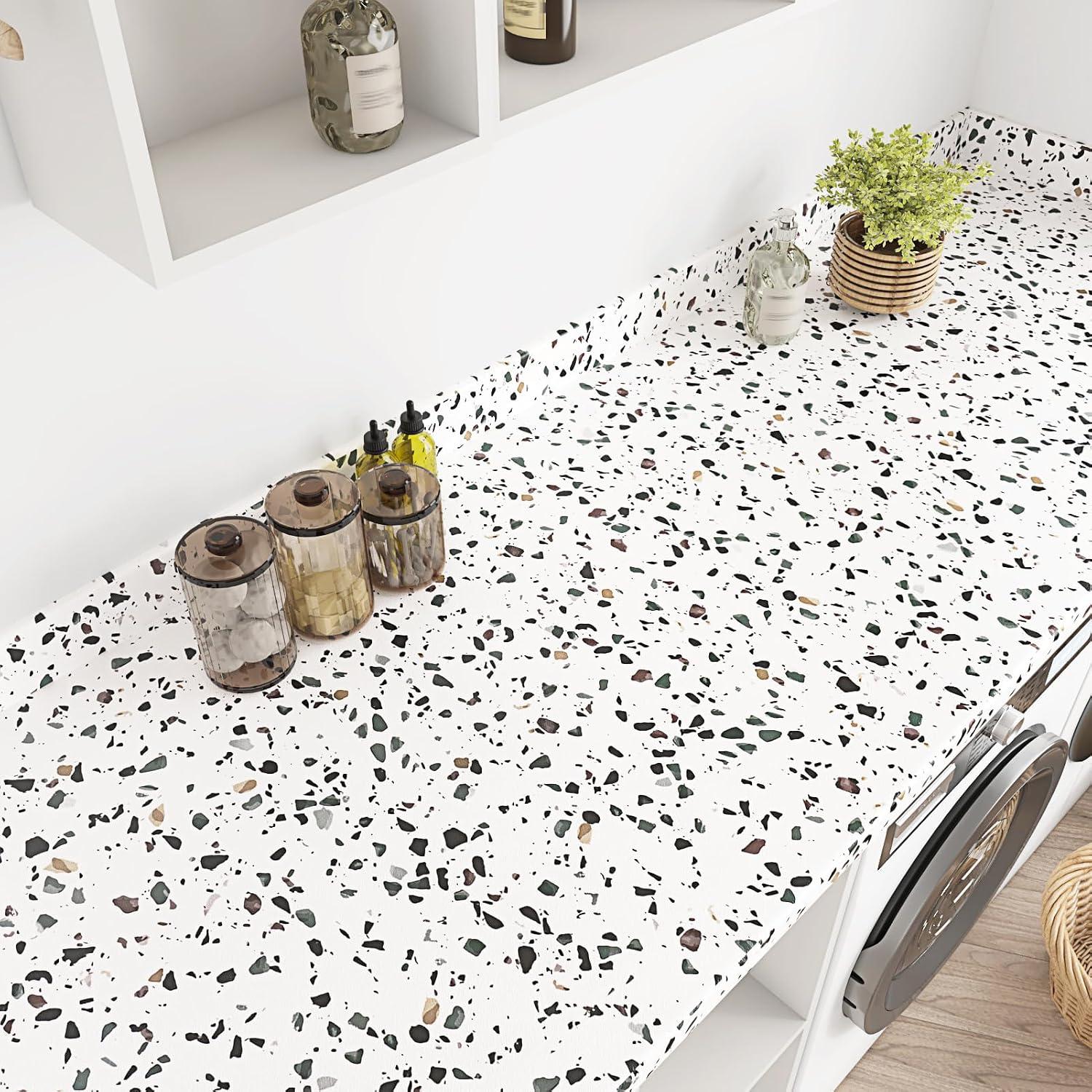 Matte White Black Terrazzo Contact Paper for Countertops Waterproof Thick Marble Peel and Stick Countertop Covering Removable Granite Wallpaper for Kitchen Tables Cabinets 17.7" x 120"