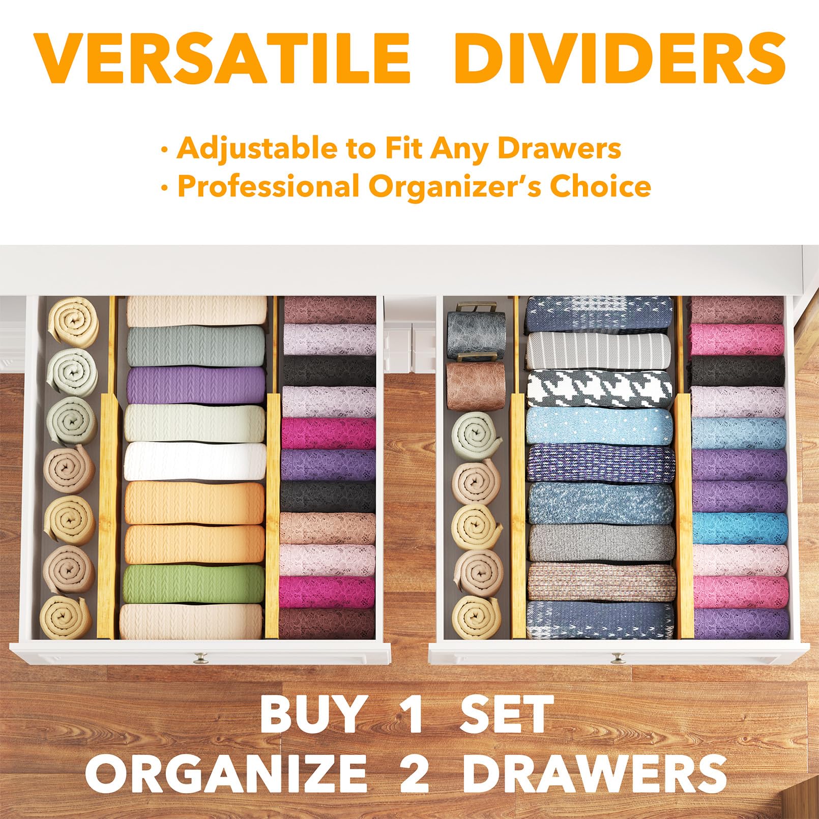 SpaceAid Divisori Per Cassetti In Bambù – Confezione Da 4, Altezza 11,8 Cm, Regolabili Da 31,8 A 43,2 Cm, Con 30 Adesivi Etichetta, Organizer Espandibile Per Abiti E Biancheria - 2