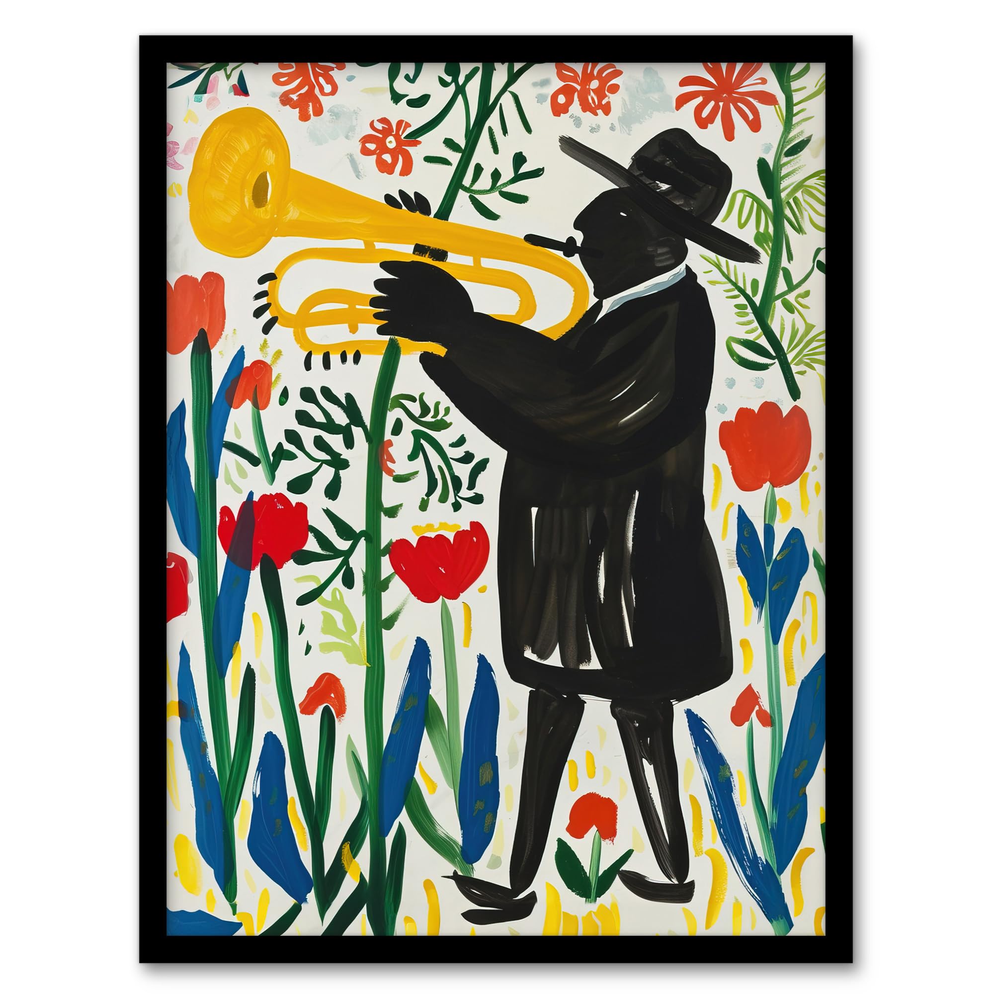 Artery8 Jazz Trombonist in Tulips Painting Fun Colourful Living Room Artwork Framed Wall Art Print 18X24 Inch