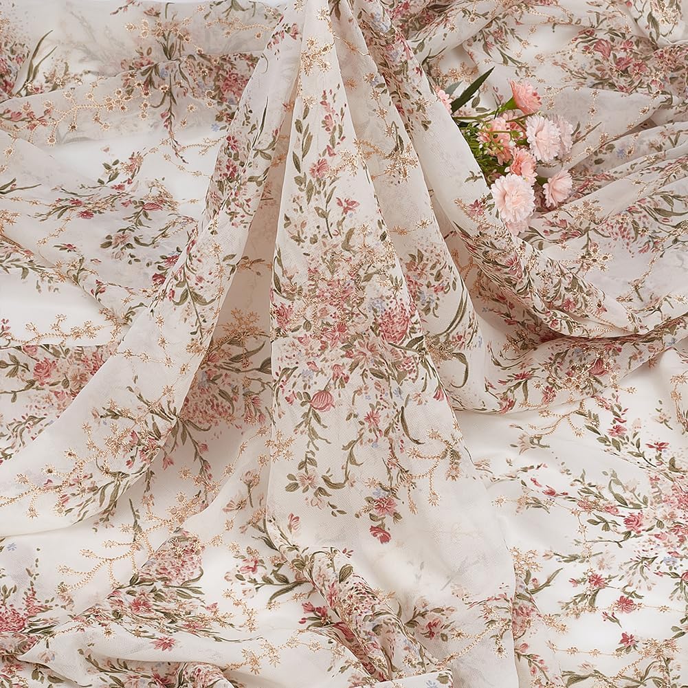 BENECREAT 2 Yards/1.8m Embroidered Eyelets Chiffon Fabric 60inch Rice White Flower Embroidery Fabric Floral Printing Trim for Sewing, DIY Clothing, Home Vintage Decor