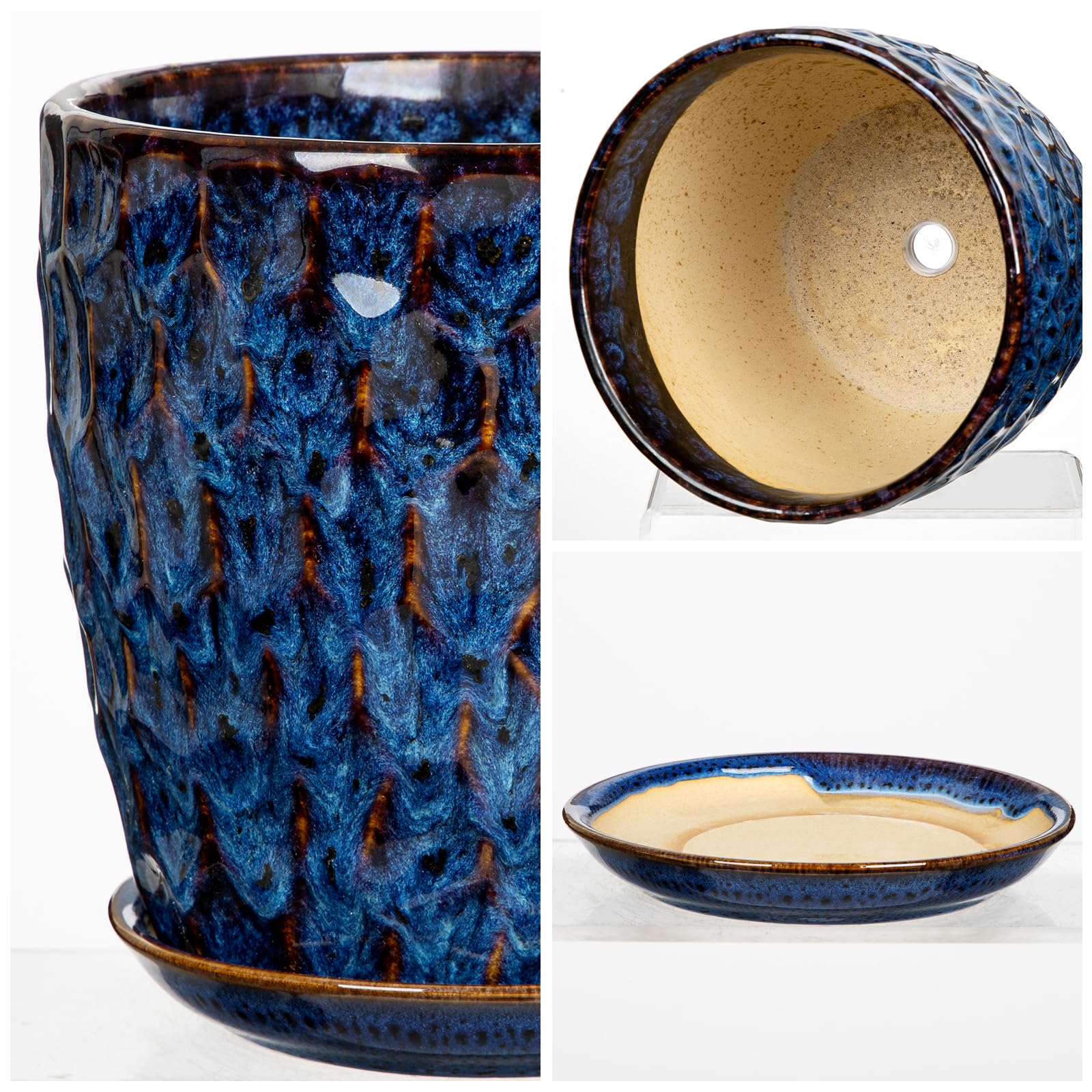 15+19 cm Blumentopf Blau Übertopf mit Untersetzer Abflussloch Pflanzgefäß | Arborus 2er Set Keramiktopf Zimmerpflanze Topf Selbstbewässernder Modern Matt Blumentöpfe für Gemüse Blumen Pflanzen Deko