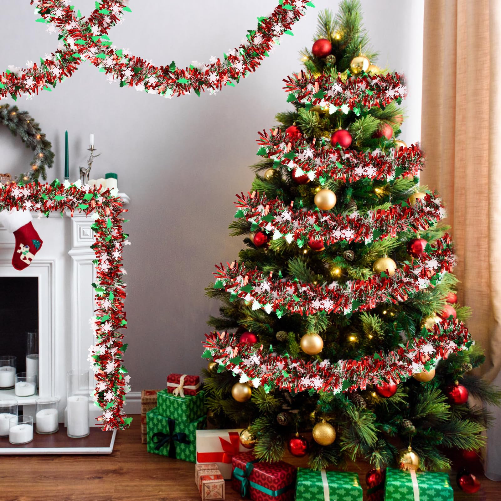 CCINEE Guirlande de Noël de 10 m avec paillettes, guirlande de flocons de neige métalliques torsadés pour décoration de sapin de Noël, cheminée, maison, rouge et vert