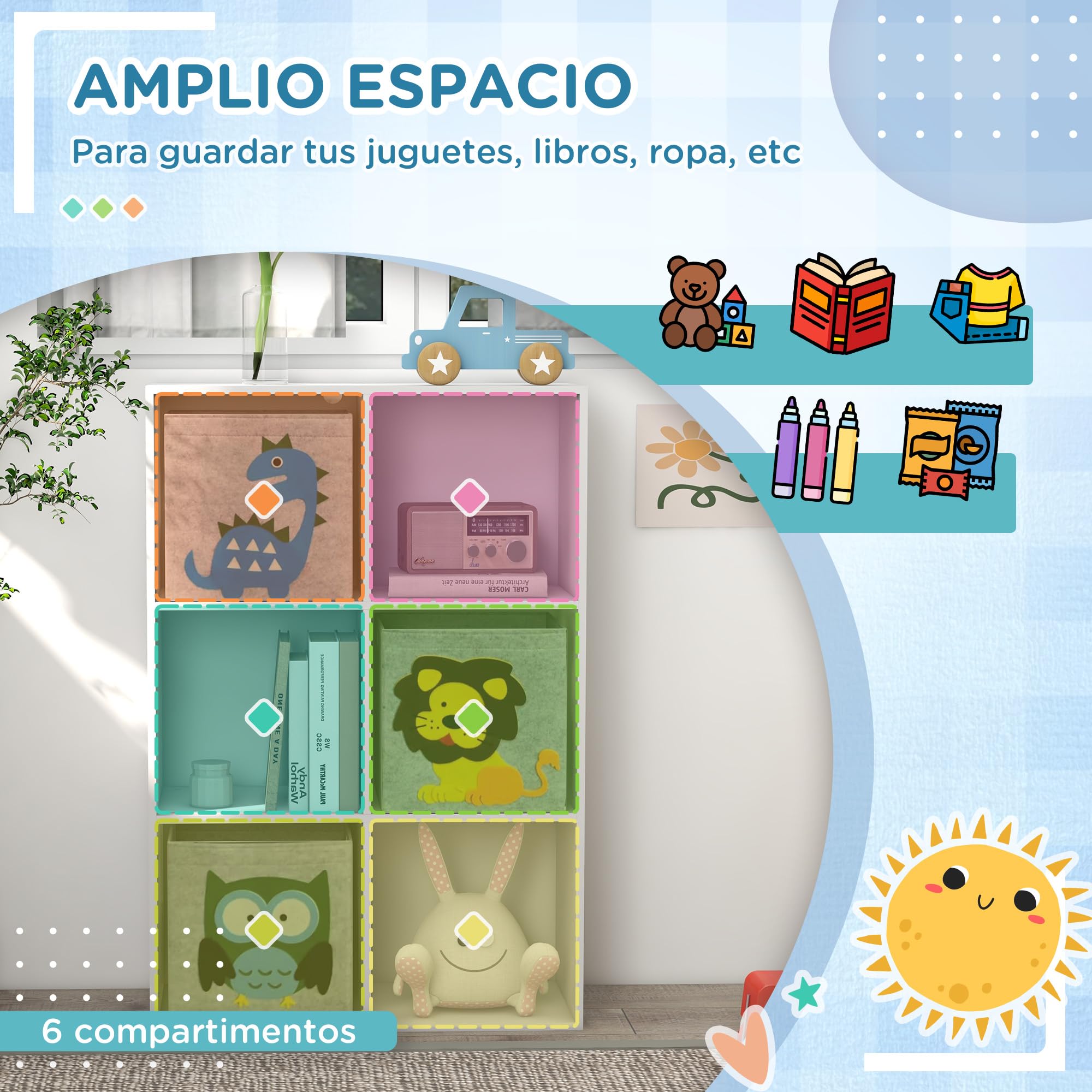 ZONEKIZ Estantería para Juguetes Infantil Librería para Niños con 6 Compartimientos de Almacenaje y 3 Cajones de Tela no Tejida 61,8x29,9x91,5 cm Blanco y Gris