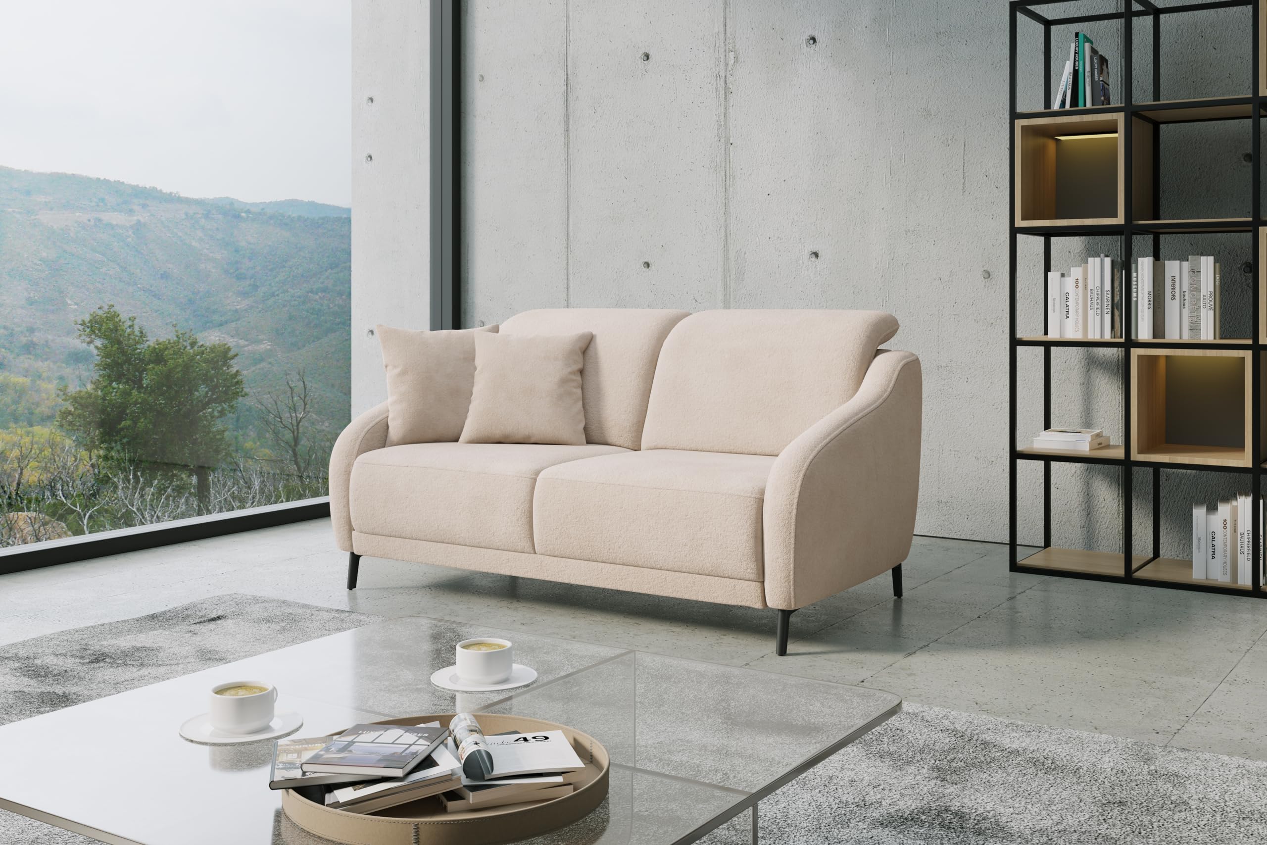 Cavadore 3er-Sofa Blue, 3-Sitzer Couch im modernen Design mit motorischer TV-Funktion inkl. klapptisch, USB-Anschluss, Kopfteilverstellung, mattschwarzen Metallfüßen, 192 x 93 x 104, Mikrofaser, Beige