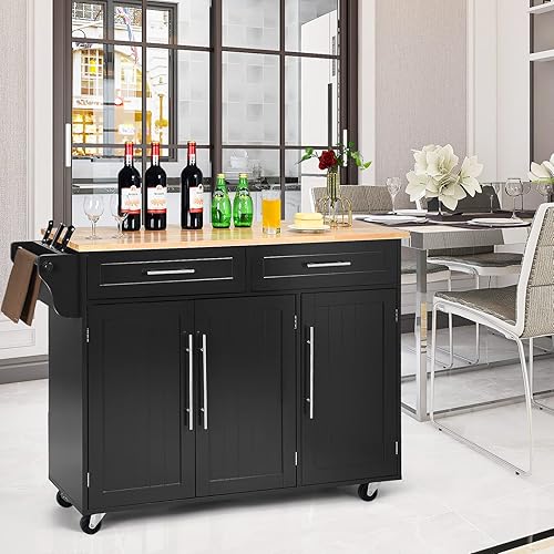 Miniatura 2 de COSTWAY Carrito móvil de isla de cocina, carrito de almacenamiento con toallero, 2 cajones profundos, armarios de 3 puertas, ruedas giratorias,