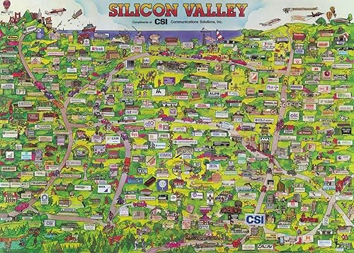 Rompecabezas de 1000 piezas 1986 Mapa gráfico ilustrado de Silicon Valley que muestra todas las marcas comerciales importantes