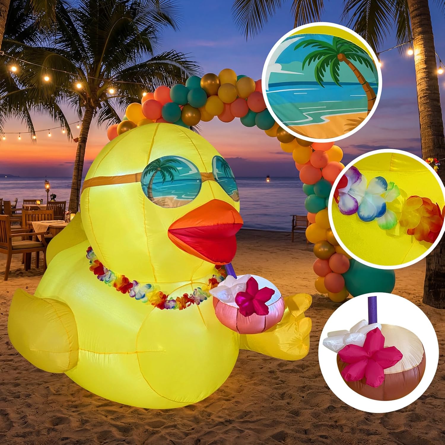 OurWarm 6 FT Inflatable Duck Luau Party Decorations, Luau Party Inflatable Decorations with LED Lights, Summer Inflatables Outdoor Decorations for Hawaiian Pool Summer Beach Tropical Party Decorations