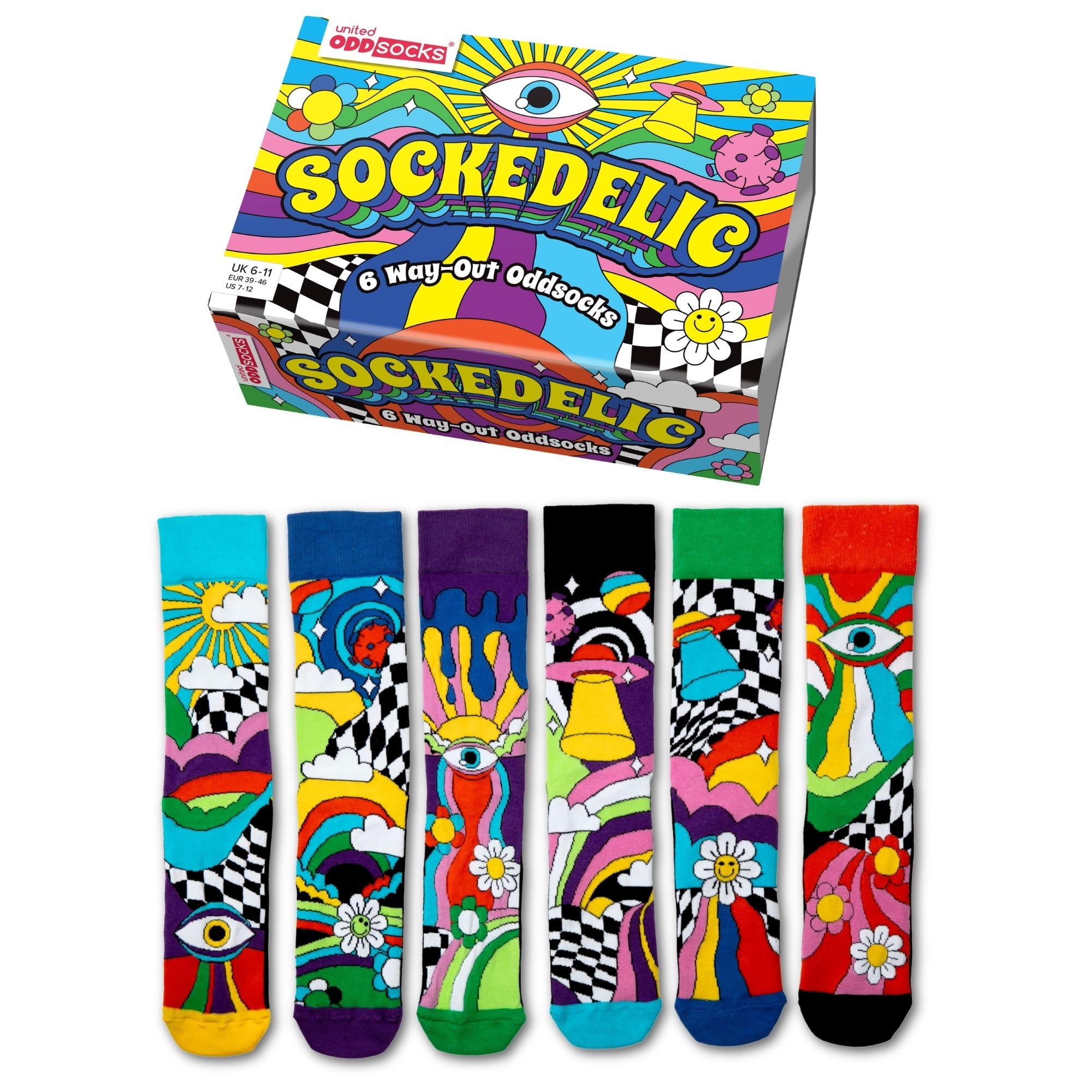 United Oddsocks Men's Sockedelic Gift Box – 6 Way-Out Odd Socks For Uk 6–11