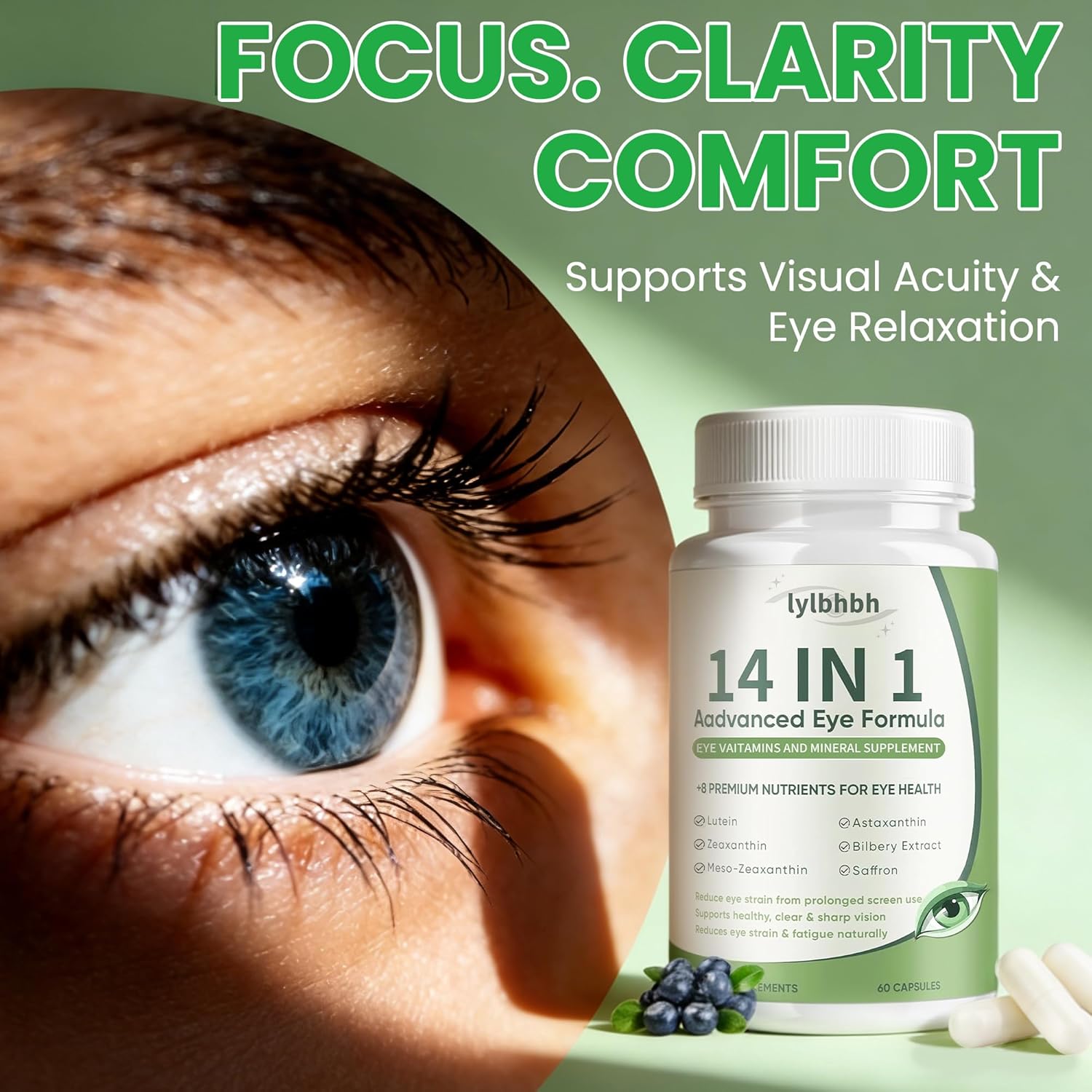 14 in 1 Advanced Eye Formula, Eye Supplement with Lutein, Zeaxanthin, Vision & Focus, Suitable for Adults and Seniors, 60 Capsules