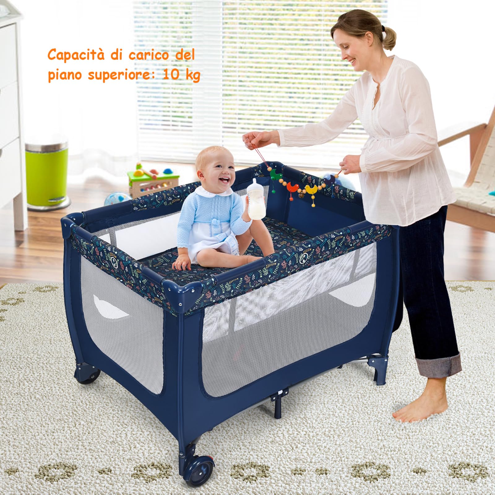 COSTWAY Lettino da Campeggio con Materasso, Lettino per Bambini Pieghevole, Culla da Viaggio Portatile con 2 Ruote, Per Bambini 0-36 Mesi, 125 x 65 x 76 cm (Blu)