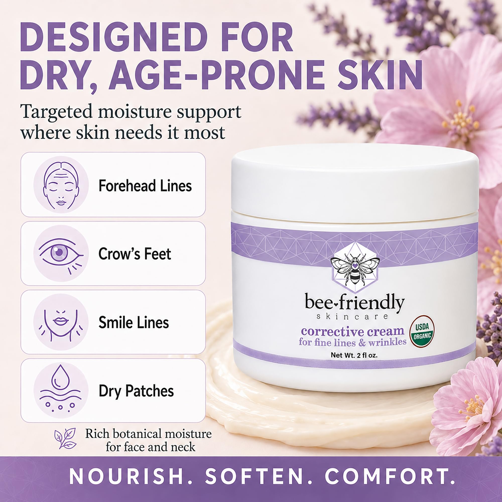 BeeFriendly Bio-Korrekturcreme für das Gesicht, USDA-zertifiziert, reichhaltige Anti-Aging-Gesichts-Nachtcreme für empfindliche Haut, hilft bei feinen Linien, Falten, Krähenfüßen, Augen, Gesicht, Hals