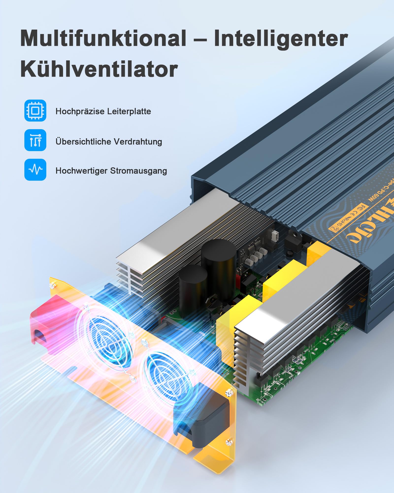 Trasformatore di tensione 3000 W24 V, inverter sinusoidale puro da 24 V a 230 V, con presa 2 EU, 1 USB C, 3 ricarica rapida, display LCD per camper camion e auto