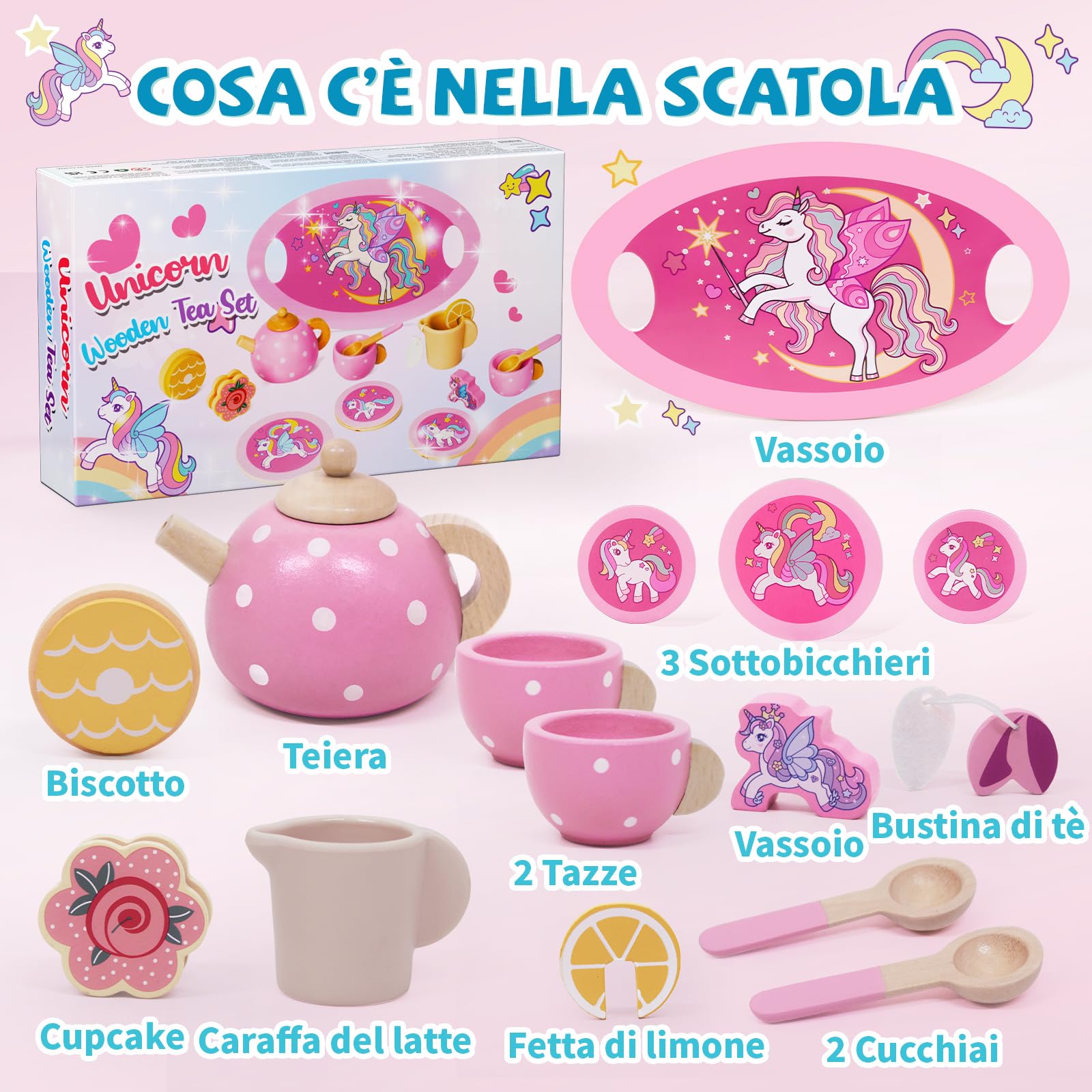 Unicorno Set da Tè Giochi in Legno, Accessori Cucina Bambini Legno, Gioco Ruolo Tea Party Montessori Educativo, Unicorno Bambina Regalo 2 3 4 5 6 Anni, Giocattoli Giochi Bambina Bimba 2 3 4 5 6 Anni