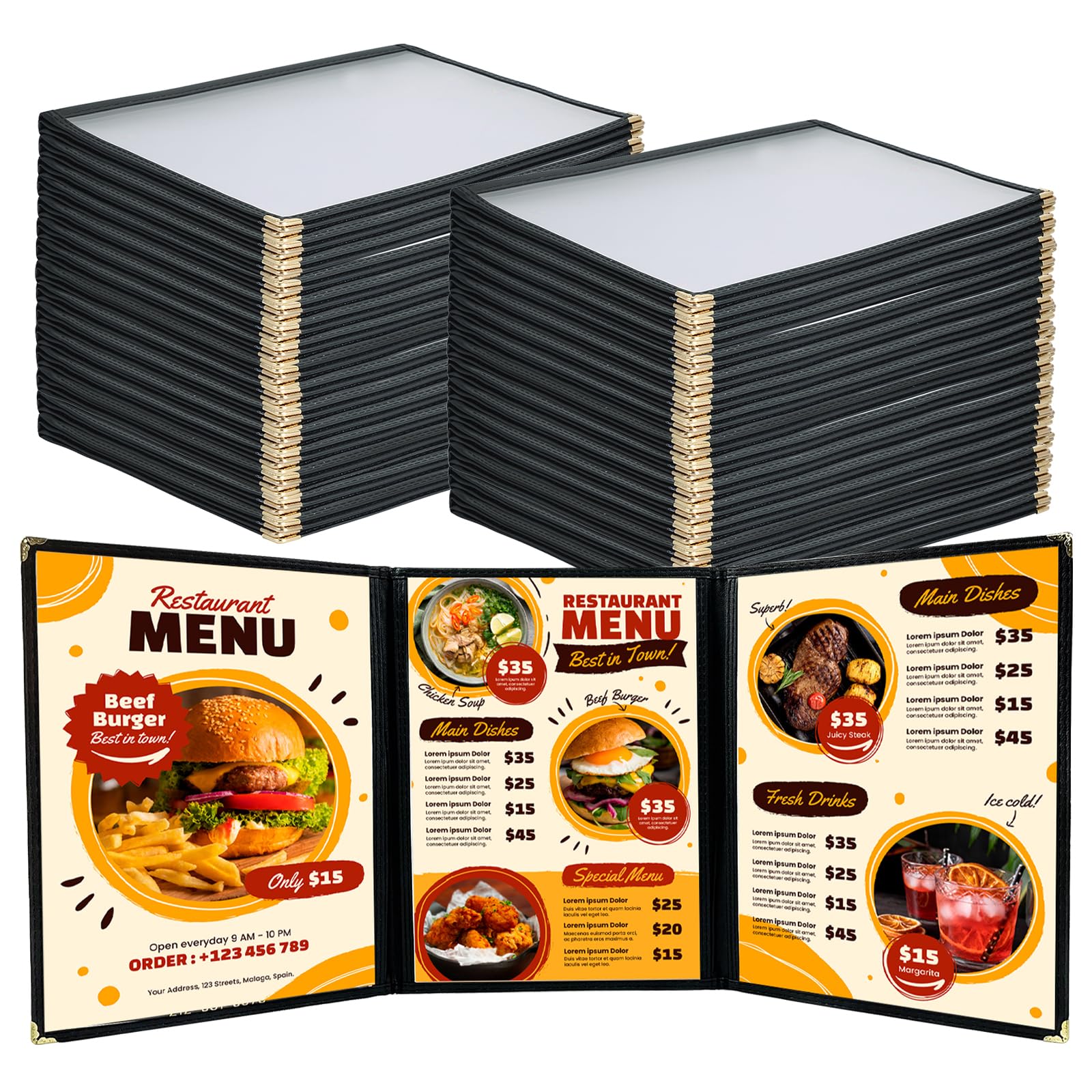 Cubiertas de menú de 8.5 x 11 pulgadas, paquete de 30 fundas transparentes para menú de restaurante para cocina, bebida, vino y menú, color negro (8.5 x 11 pulgadas (3 páginas, 6 vistas))