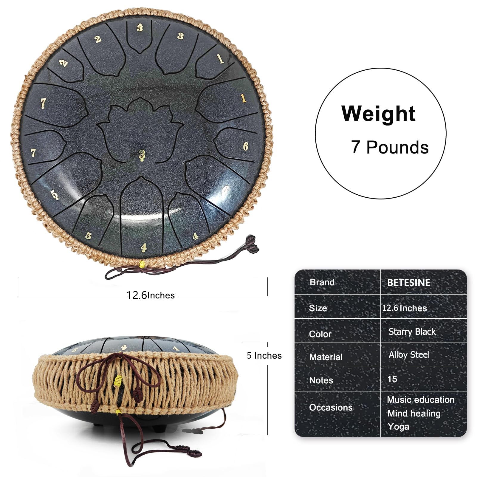 BETESINE Tambor de lengua de acero de 13 pulgadas y 15 notas – C Major Handpan & Rain Drum para yoga, meditación y alivio del estrés – Incluye mazos, libro de música y bolsa de transporte (negro