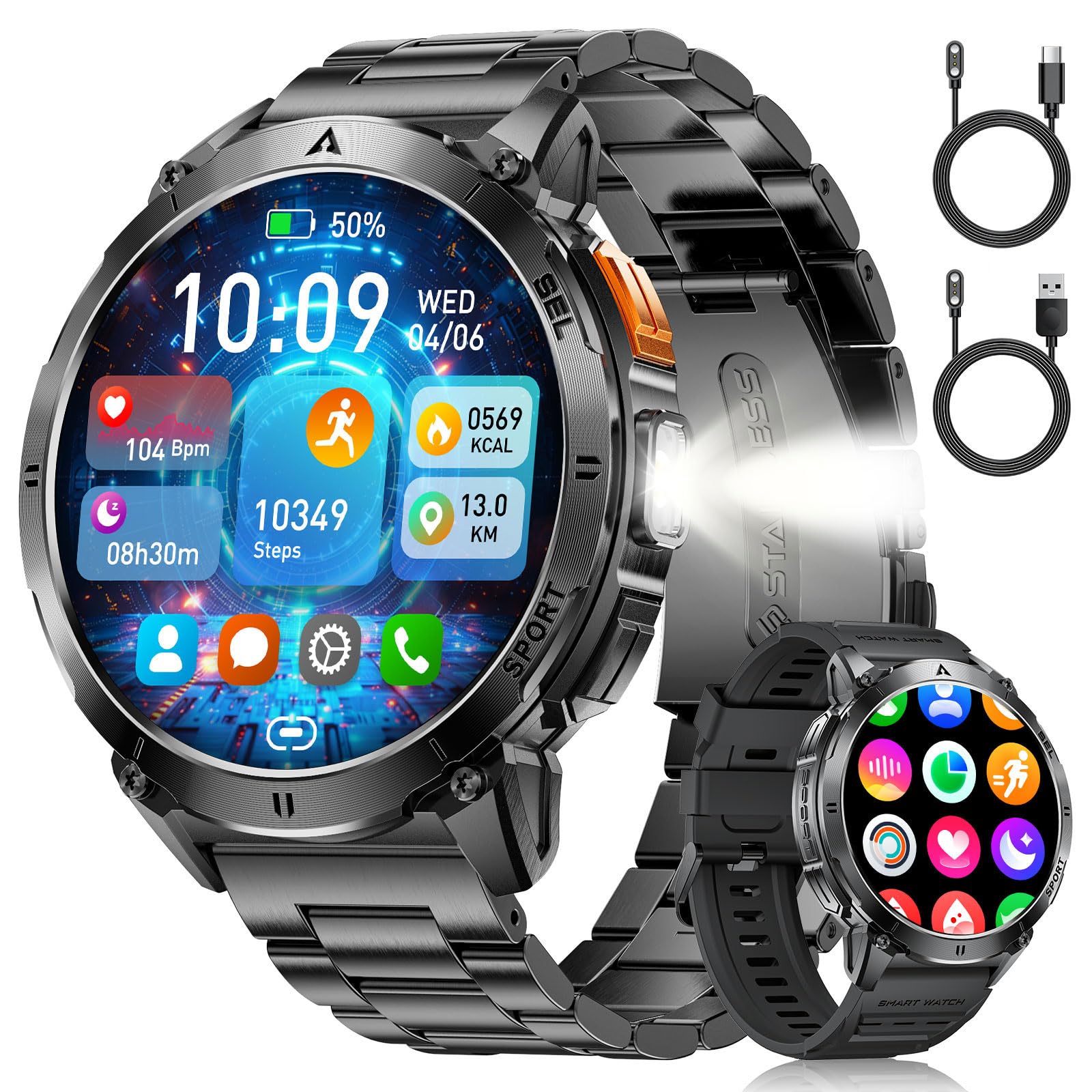 Montre Connectée Homme avec Appels Bluetooth et Écran HD AMOLED 1.62", Étanche IP68 et Batterie 730mAh Smartwatch avec 110+ Modes Sportifs/Sommeil Moniteur pour Android iOS, 2 Chargeurs(Type-C, USB)