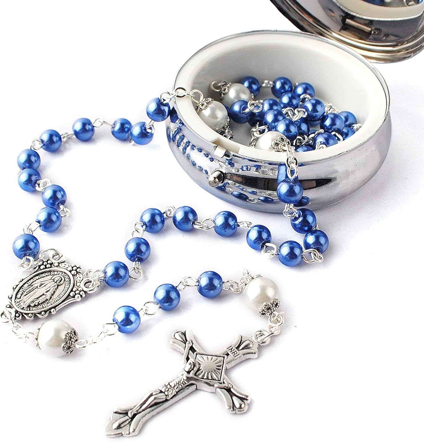 HanlinCC 6mm Glass Pearl Beads with 8mm Our Father Beads with Caps Rosary Pack in Miraculous Metal Gift Box - Image 7