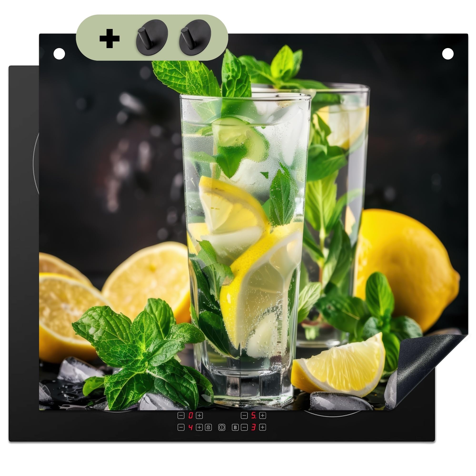 KitchenYeah© Spritzschutz Herd Küchenrückwand Vinyl 60x52 cm Küchen Zubehör Küchenwand, Herdabdeckplatten für Ceranfeld Wasser - Glas - Zitrone - Minze