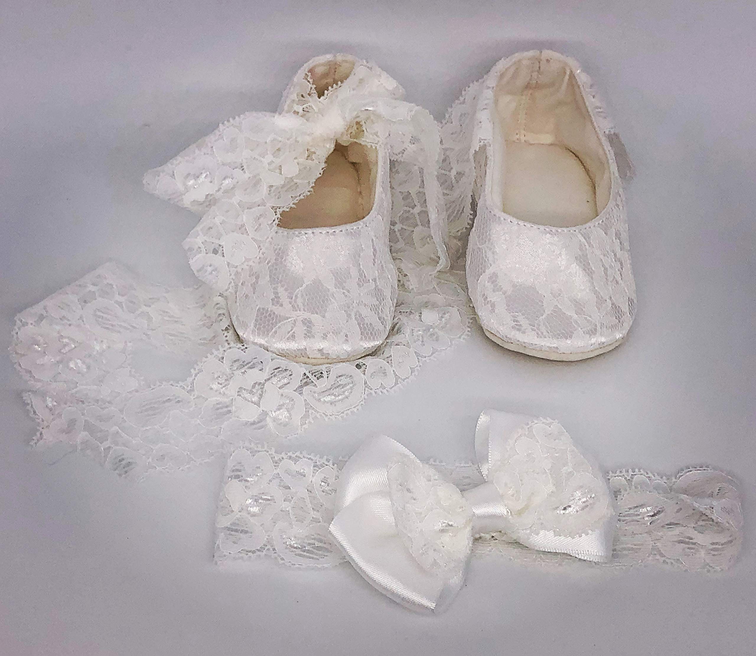 SET PIZZO FASCIA CAPELLI E BALLERINE IN PIZZO BIANCO BAMBINA NEONATA SCARPINE SCARPE ELEGANTI BATTESIMO CERIMONIA NASCITA 12 CM Brillabenny (6-12 Mesi)