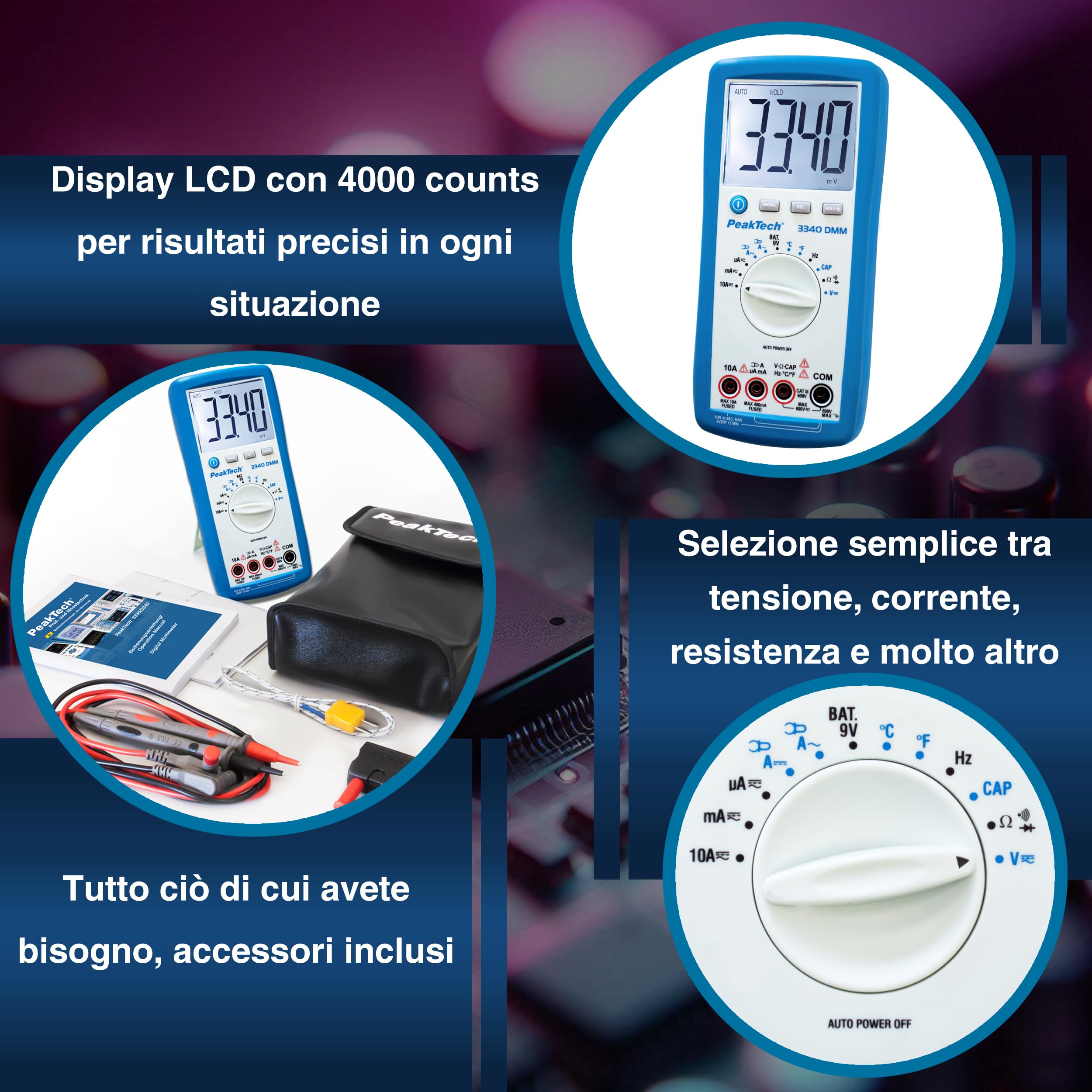 PeakTech 3340 – Multimetro digitale True RMS con Schermo LCD extra large, 4000 conteggi, Autorange, REL, Data-Hold, Voltmetro, Tester di continuità, Strumento di misura - CAT III 600 V