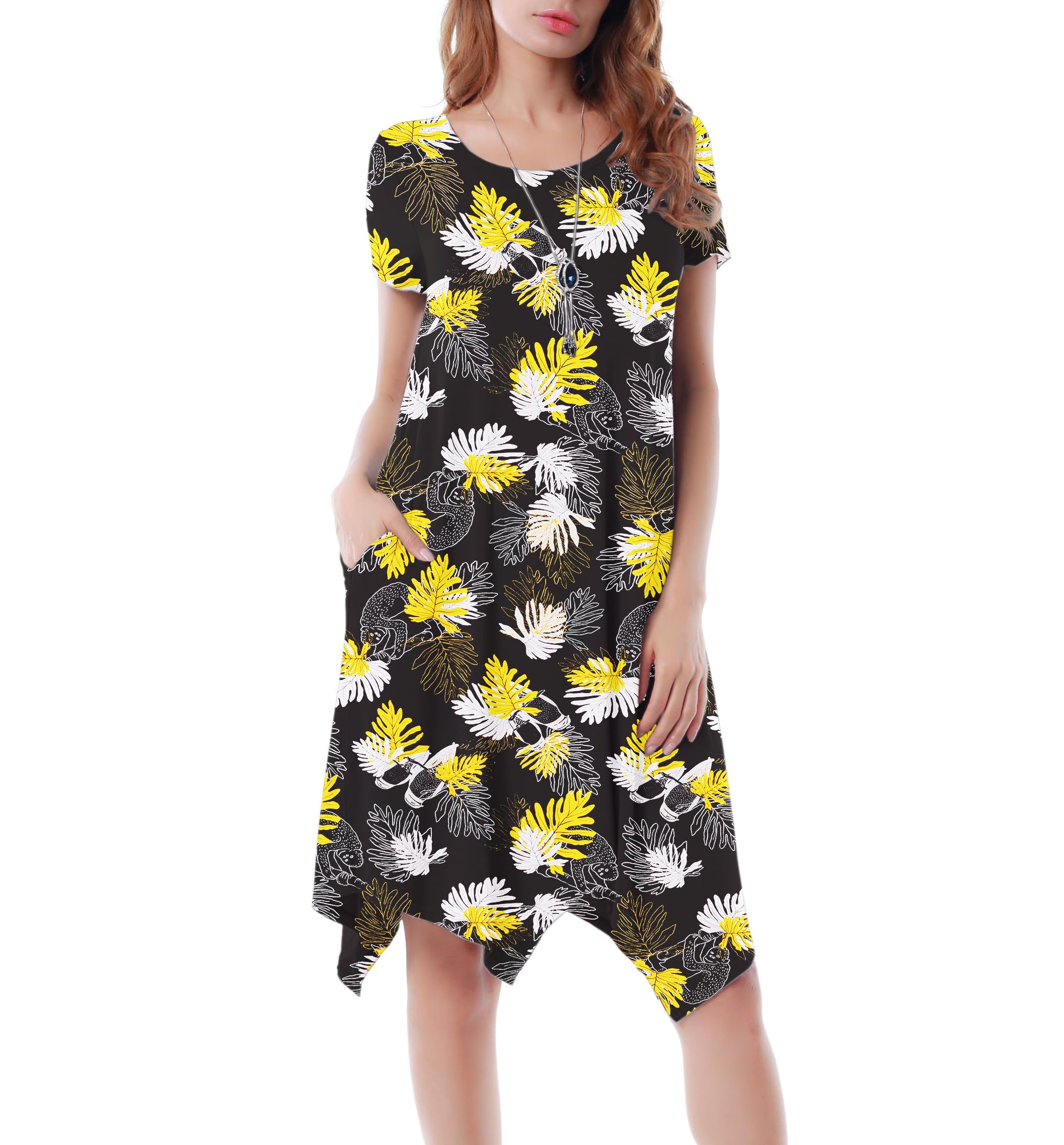 Women Casual Loose Soft Crewneck Short Sleeve Pockets Swing T-Shirt Dress