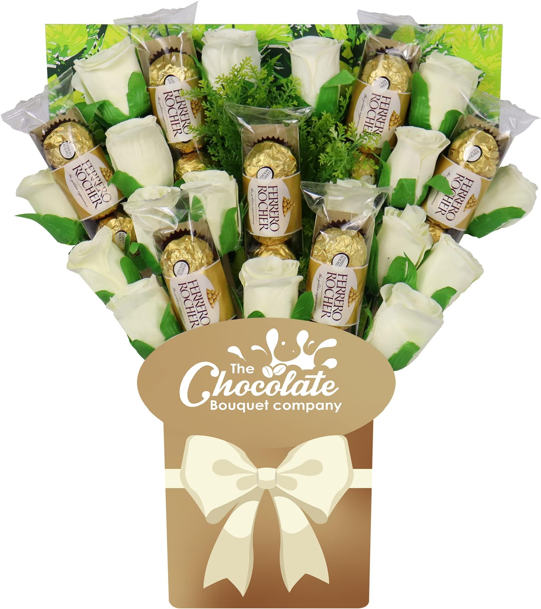 Chocolate Bouquet Company | Ferrero Rocher All Occasions Chocolate Large Gift Hamper Box | with Ivory Silk Roses | 21 Truffles (Deluxe, Gold) (Classic, Gold)