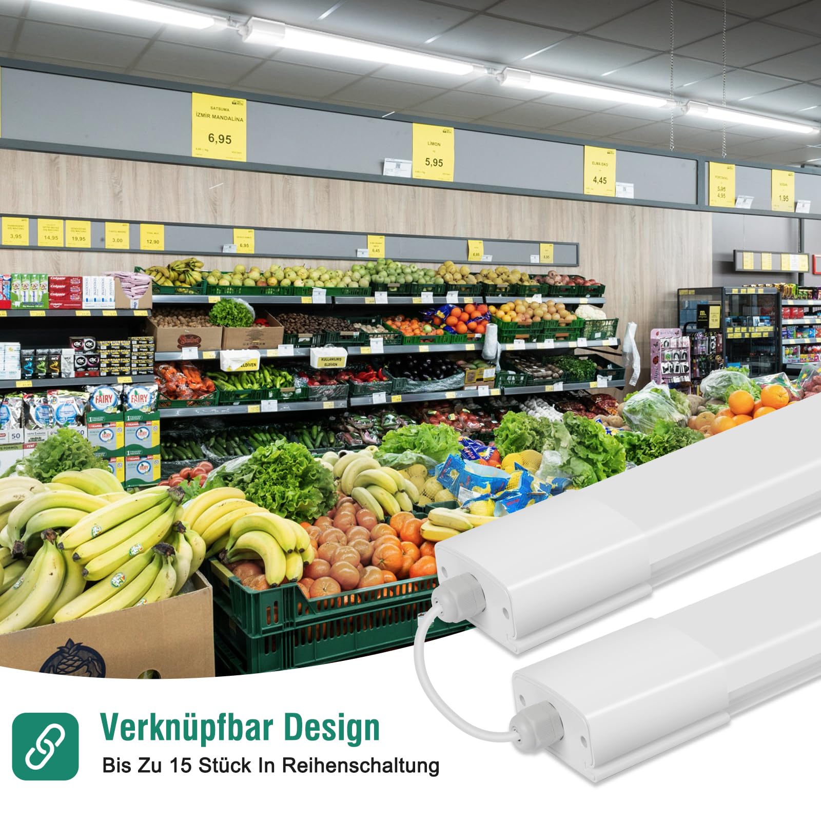 Neon Led 120CM, 36W 3960LM Plafoniera IP65 Impermeabile, Lampada da Soffitto 4000K, Tubo LED per Cucina Officina Ufficio Bagno Seminterrato Magazzino