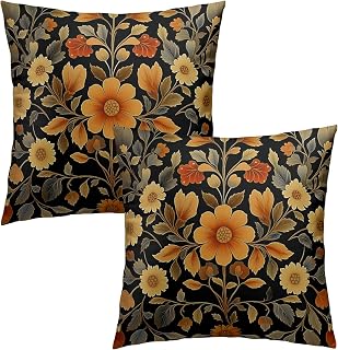 Giwawa Black Boho Floral Pillow Covers Set of 2, Vintage Colorful Flowers Leaves Cotton Throw Pillowcases, Rustic Botanical Decorative Soft Cuchion Cover for Couch Sofa Indoor Outdoor, 18"x18"