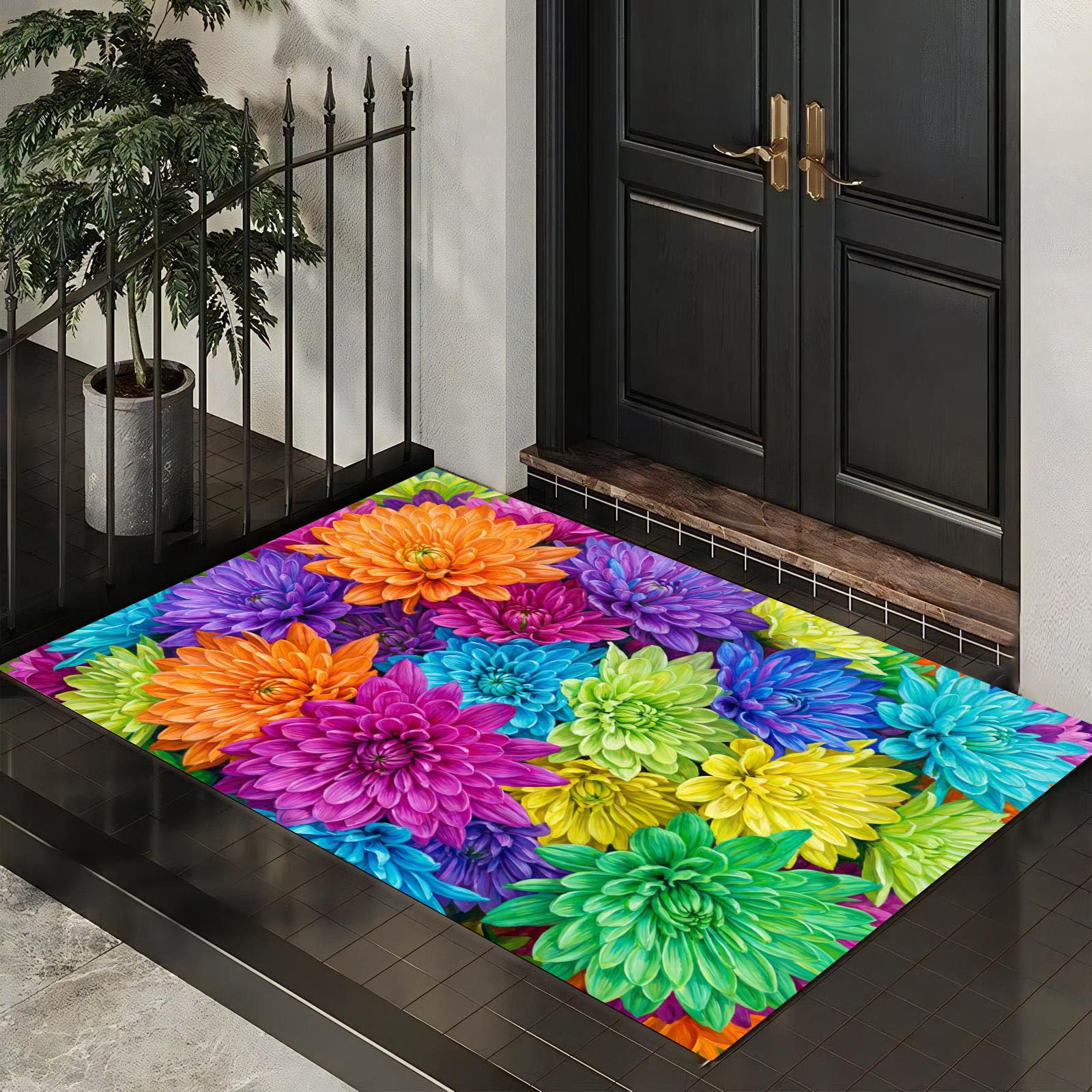 80X120Cm Zerbino Ingresso Interno Antiscivolo Assorbente, Tappeto In Microfibra Sottile Lavabile Con Dalie Rurali Multicolori Piante Arcobaleno Da Sogno Per Cucina Bagno Porta E Animali, Verde Viola