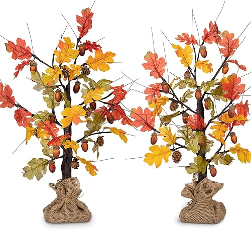 Miniatura 1 de ZSGrowth Paquete de 2 arces de roble iluminado de 24 pulgadas, decoración de otoño, luz LED artificial alimentada por pilas para otoño, Acción de