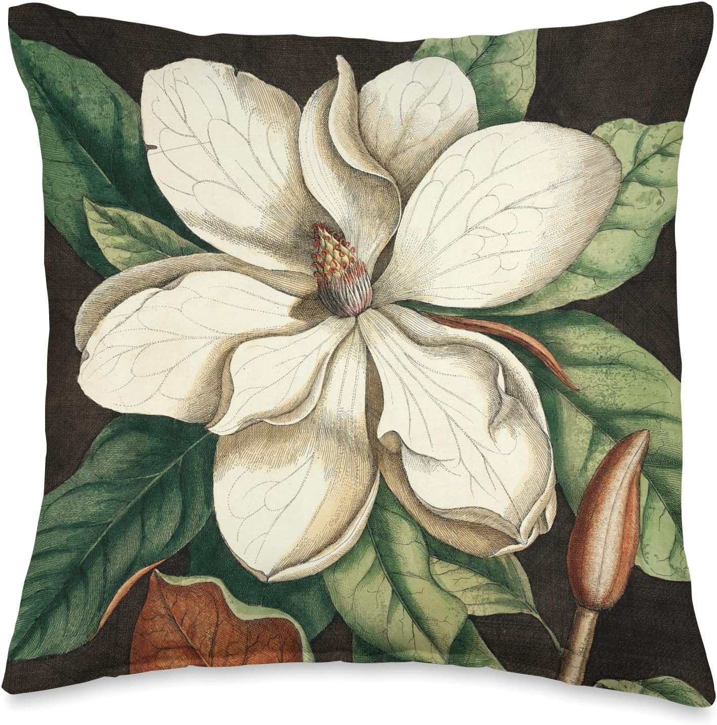 Magnolia Flower Rustic Vintage Botanical Illustration Throw Pillow