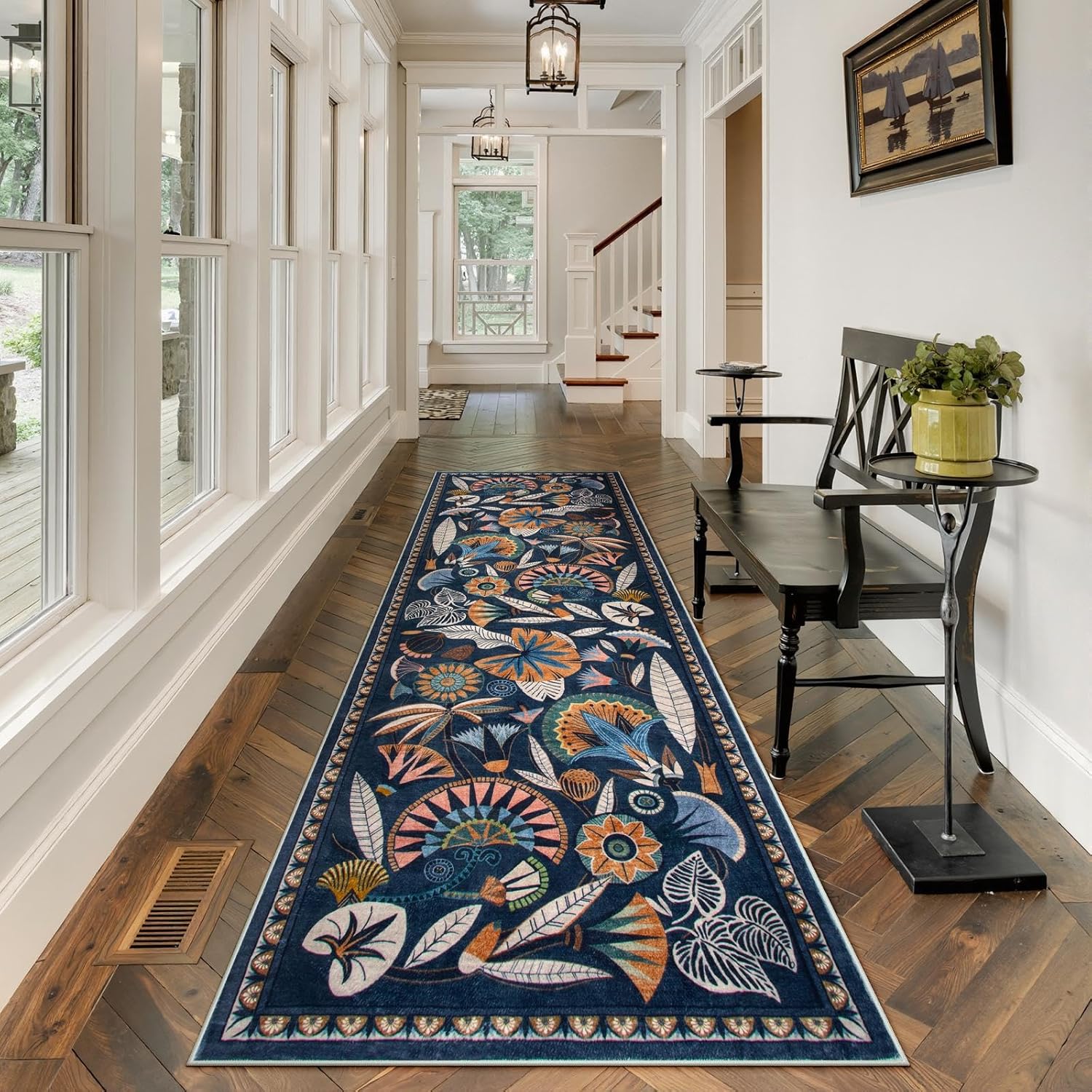 Zealude Egypt Floral Kitchen Runner Rugs Non Skid Washable,2x8 Boho Vintage Hallway Bathroom Runner Rug Non Slip,Soft Long Carpet for Laundry Room Entryway Bedroom (Dark Blue,2 x 8)