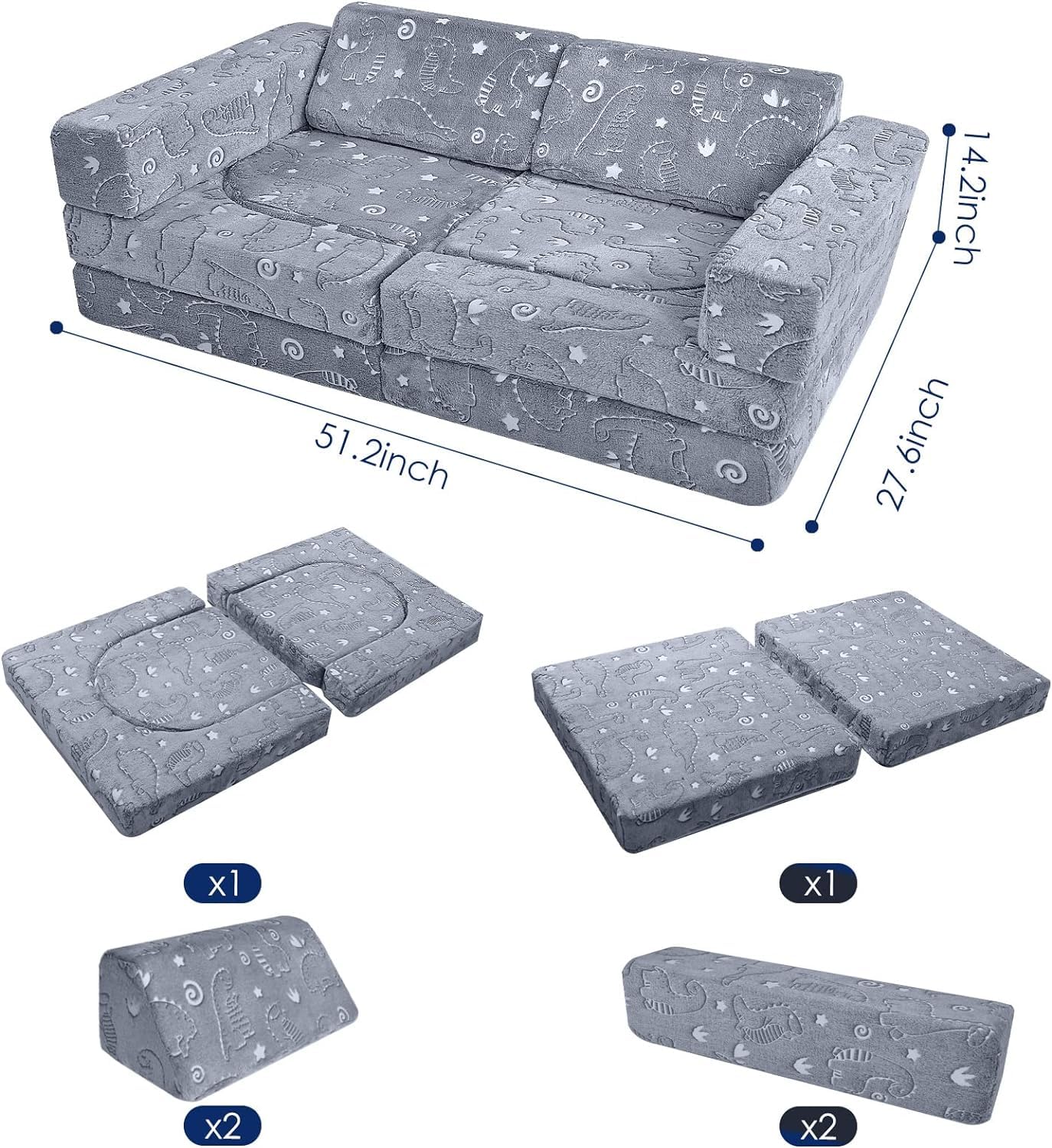 MeMoreCool 10-Piece Kids Couch, Modular Kids Sofa for Playroom, Fold Out Play Couch for Girl Boy, Glow Dino