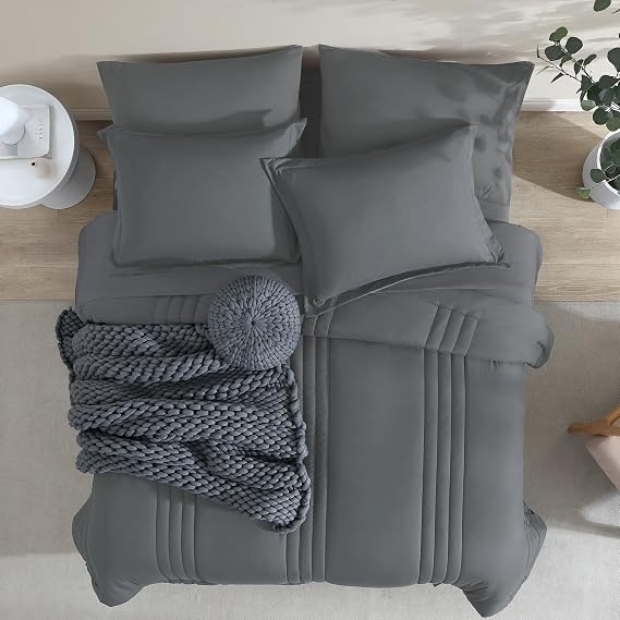 Monbix Queen Comforter Set - 7 Pieces Grey Bed in a Bag Queen Bedding Sets with Comforters, All Seasons Comforter Bed Set with Sheets,Pillowcases & Shams