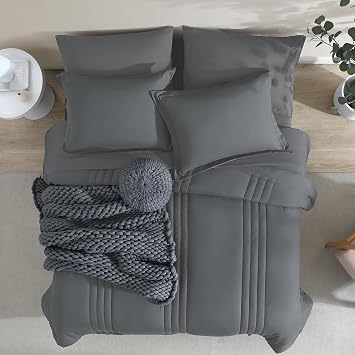 Monbix Queen Comforter Set - 7 Pieces Grey Bed in a Bag Queen Bedding Sets with Comforters, All Seasons Comforter Bed Set with Sheets,Pillowcases & Shams