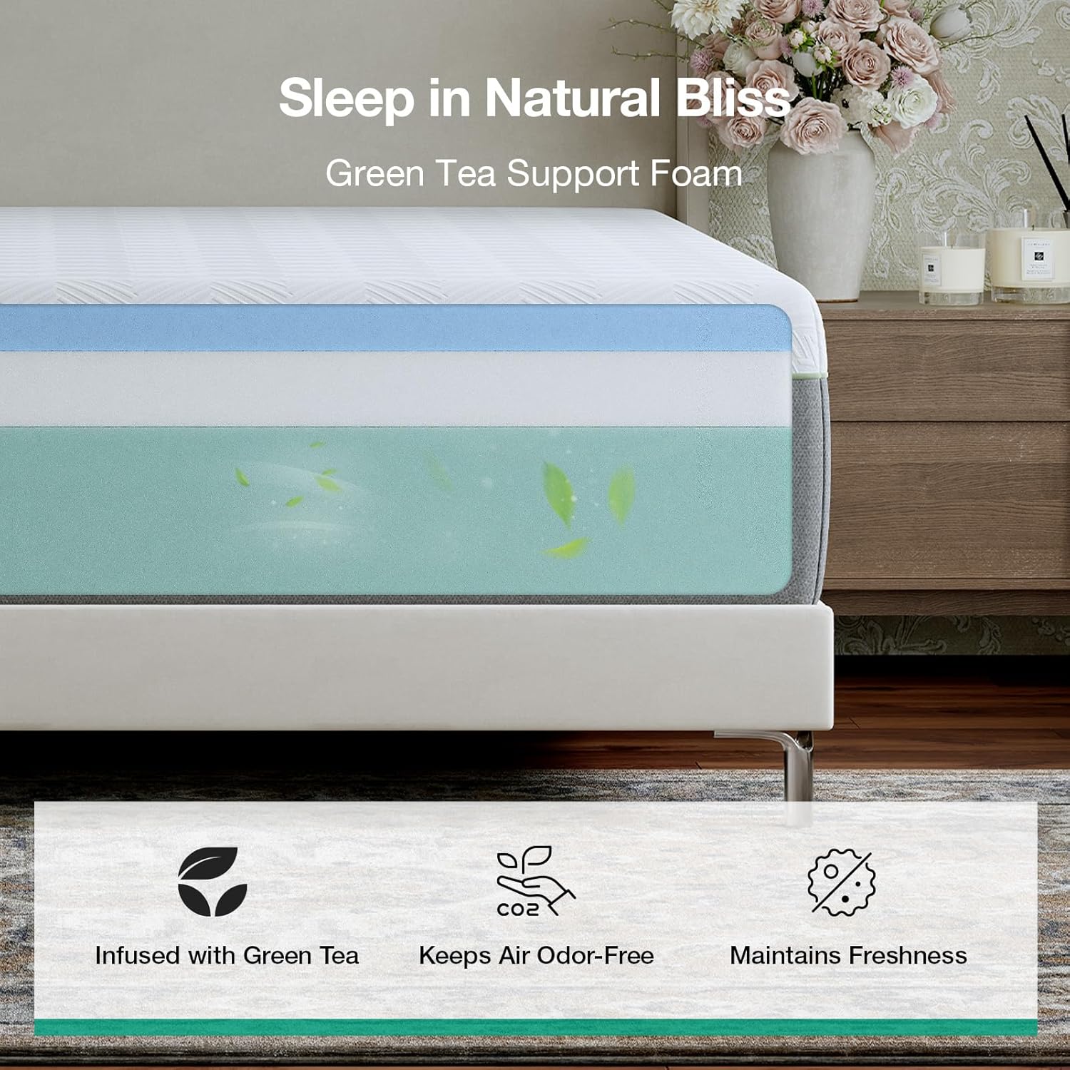 Novilla Bliss Green Tea King Mattress, 12 Inch Gel King Size Memory Foam Mattress in a Box for Hot Sleepers with Nylon Cover, Cool Comfort & Back Pain Relief & Motion Isolating with Certified Foams