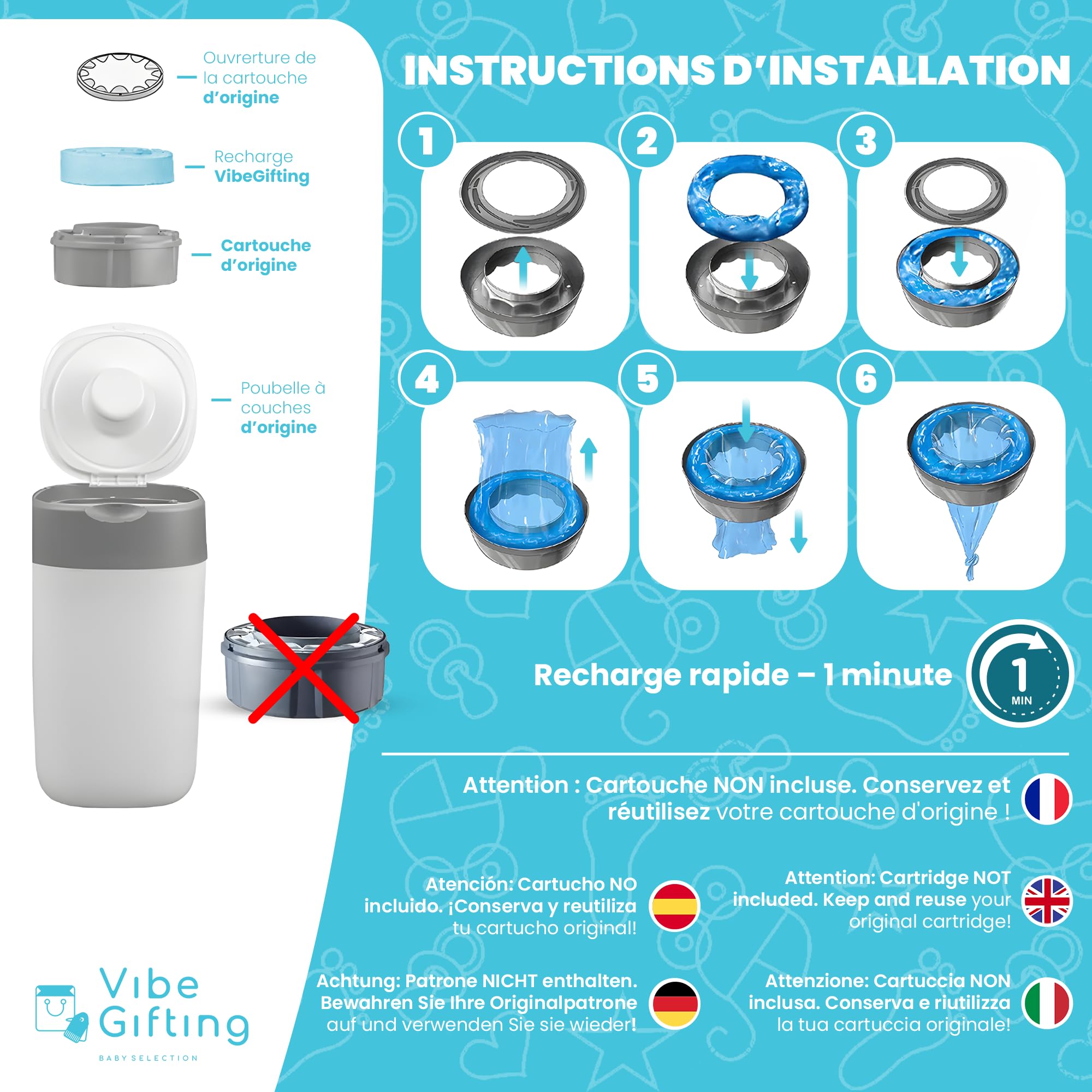 VibeGifting® Pack XXL-9 Recharge Poubelle à Couche 10 m Compatible Tommee Tippee Angelcare Antibactérien Parfumé Anti-Odeur Sans BPA Recyclé