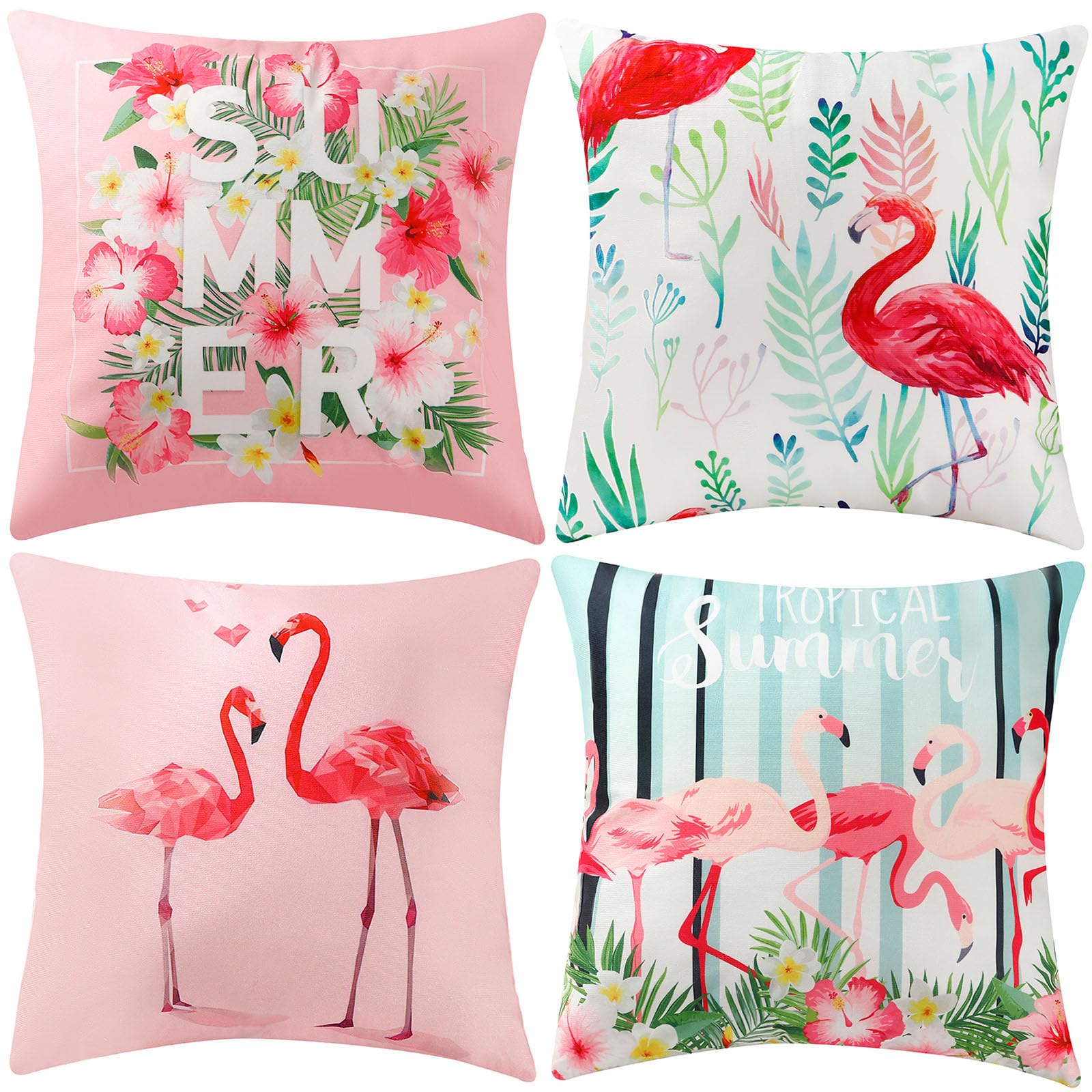 Eurhine Flamingo 4 Pcs Throw Pillow Covers Decorative Pink Bird Pillowcases Tropical Leaves Cushion Covers For Sofa Couch Summer Holiday Home Decor
